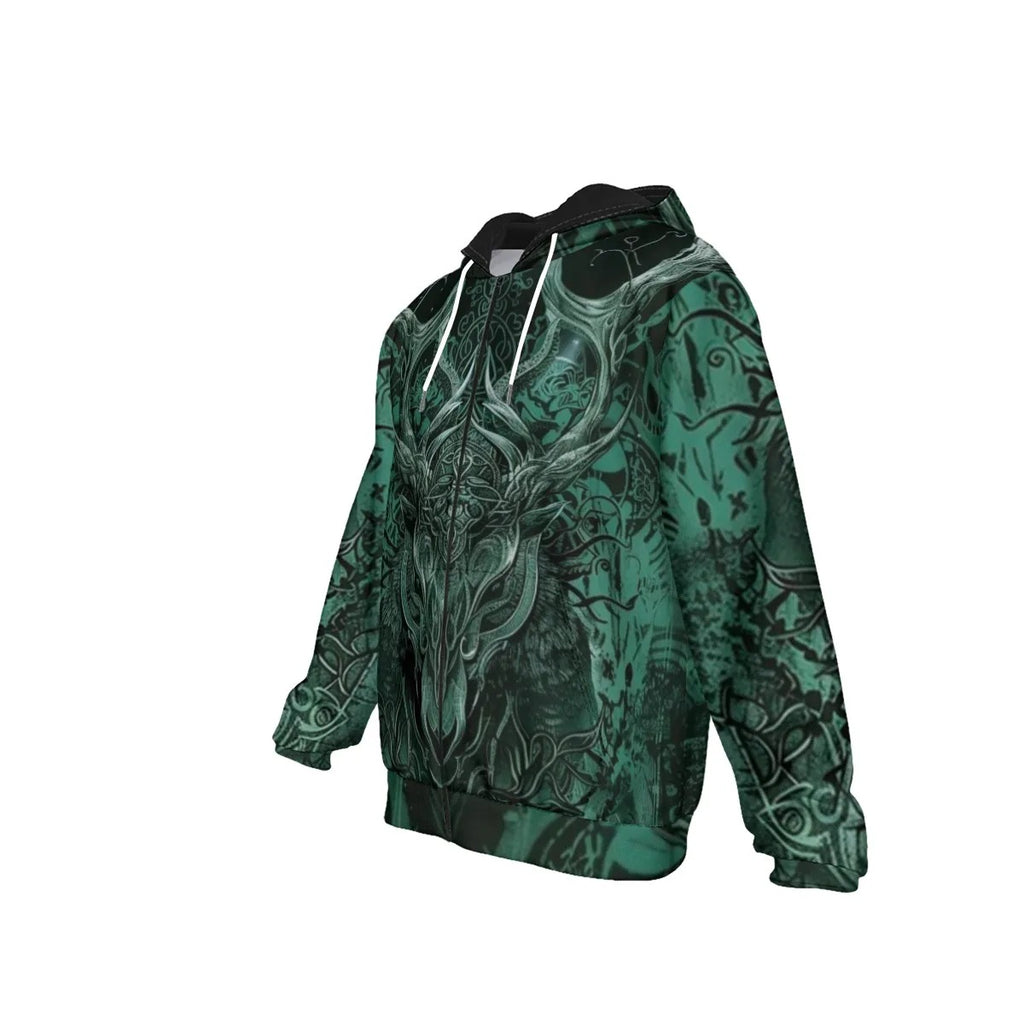 Viking Zip Hoodie with Antler Design, Norse Mythology Inspired Hooded Sweatshirt, Tribal Graphic Winter Wear, Medieval Fantasy Clothing