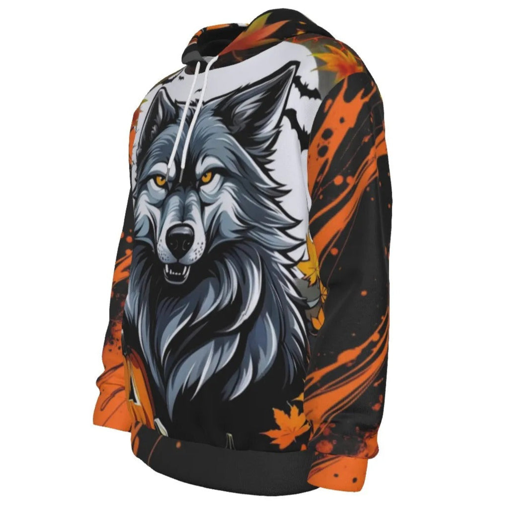Howling Halloween Night Wolf Hoodie, Spooky Pumpkin Bat Halloween Costumes Sweatshirt, Gothic Halloween Hooded Top, Scary Autumn Wolf Apparel