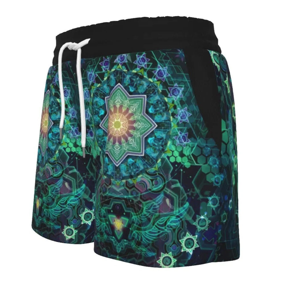 Women’s Yantric Geometry Shorts, Sacred Mandala Spiritual Energy Pattern with Vibrant Chakra Design for Yoga & Meditation, Spiritual Festival Wear