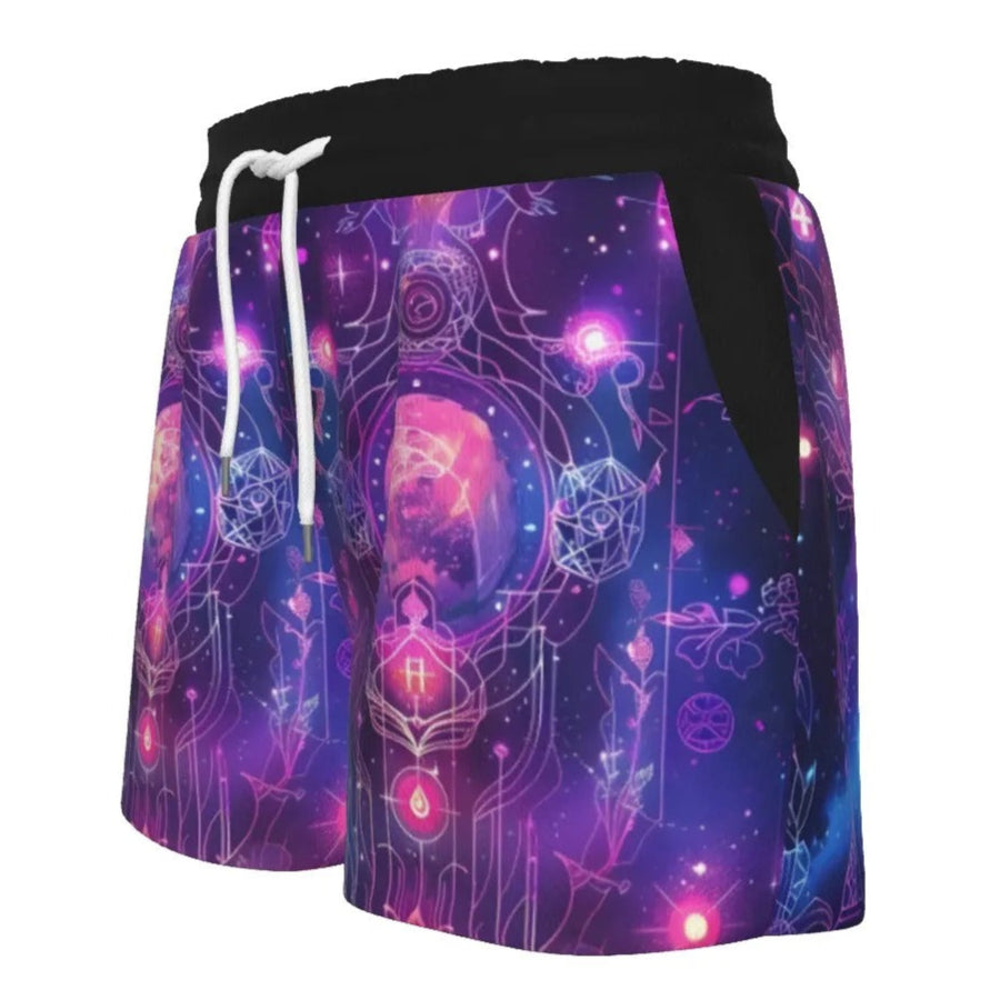 Women’s Cosmic Mysticism Shorts, Spiritual Mandala Design with Purple Galaxy, Sacred Symbols & Celestial Energy for Yoga & Meditation, Spiritual Festival Wear