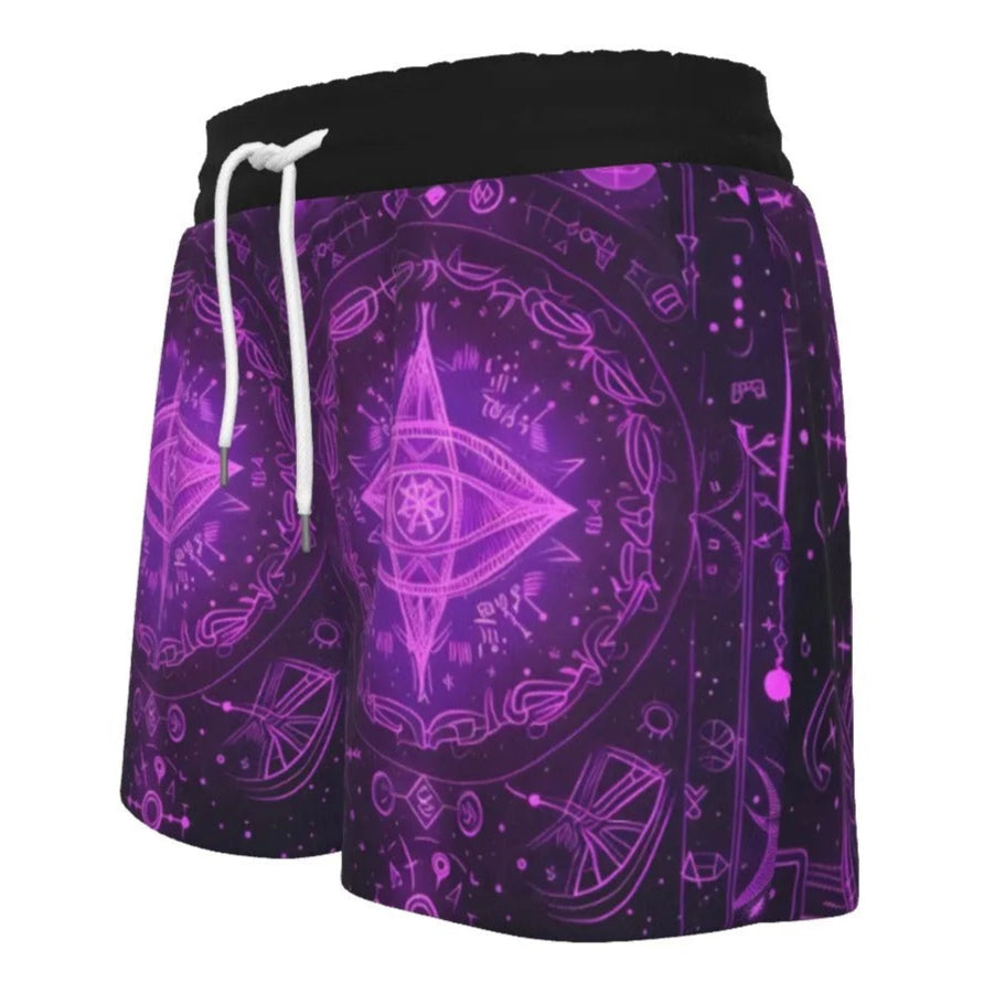 Women’s Mystical Fantasy Shorts, Purple Magic Eye Design with Celestial Symbols & Fantasy Energy for Yoga & Meditation Wear, Spiritual Festival Wear