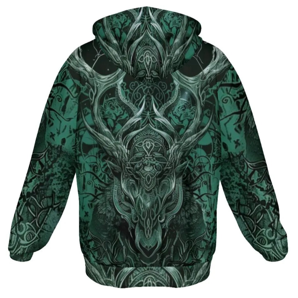 Viking Zip Hoodie with Antler Design, Norse Mythology Inspired Hooded Sweatshirt, Tribal Graphic Winter Wear, Medieval Fantasy Clothing