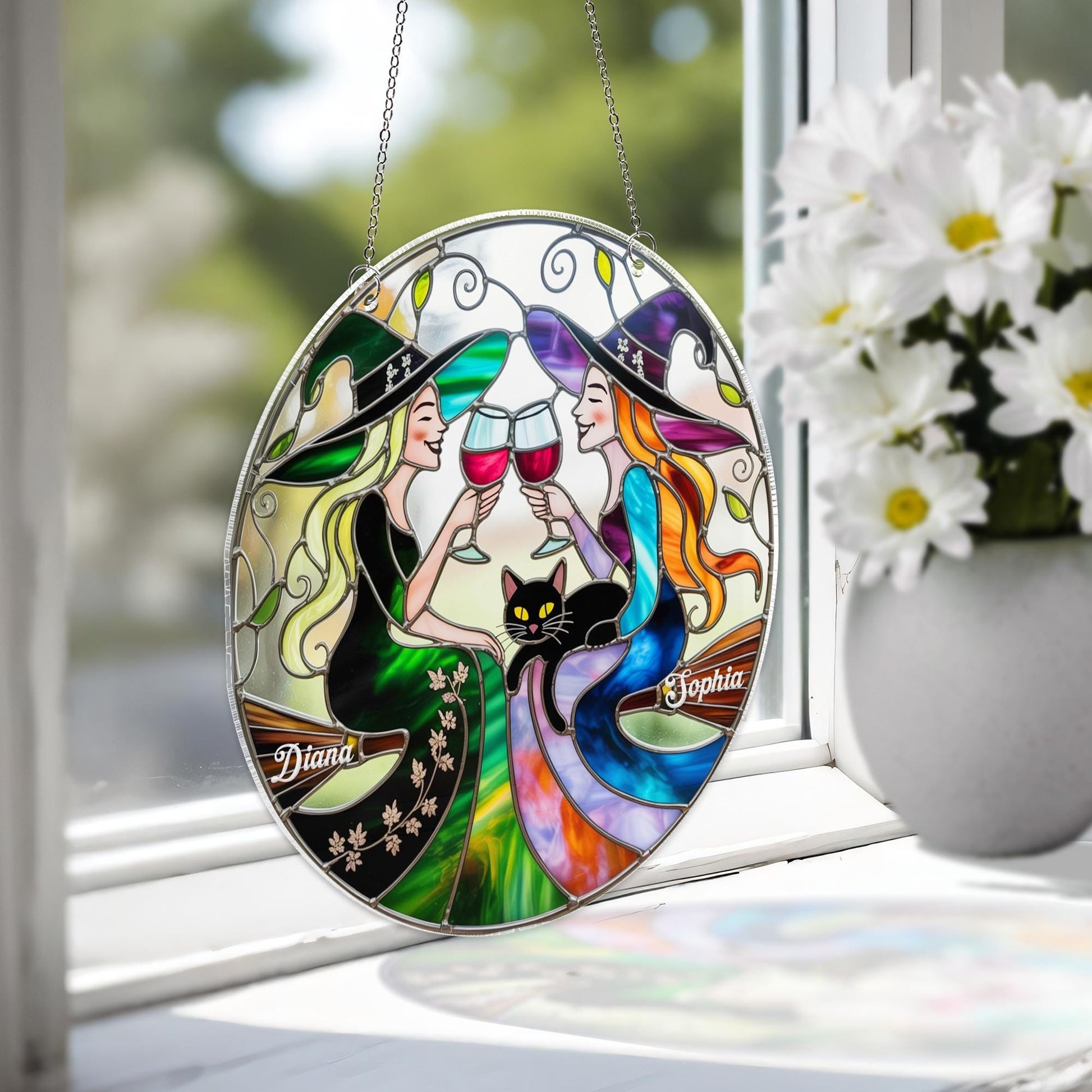 Best Friend Slay Witch Acrylic Window Hanging, Personalized Halloween Stained Glass Suncatcher With Wine Glasses & Cats, Custom Halloween Witchy Decor