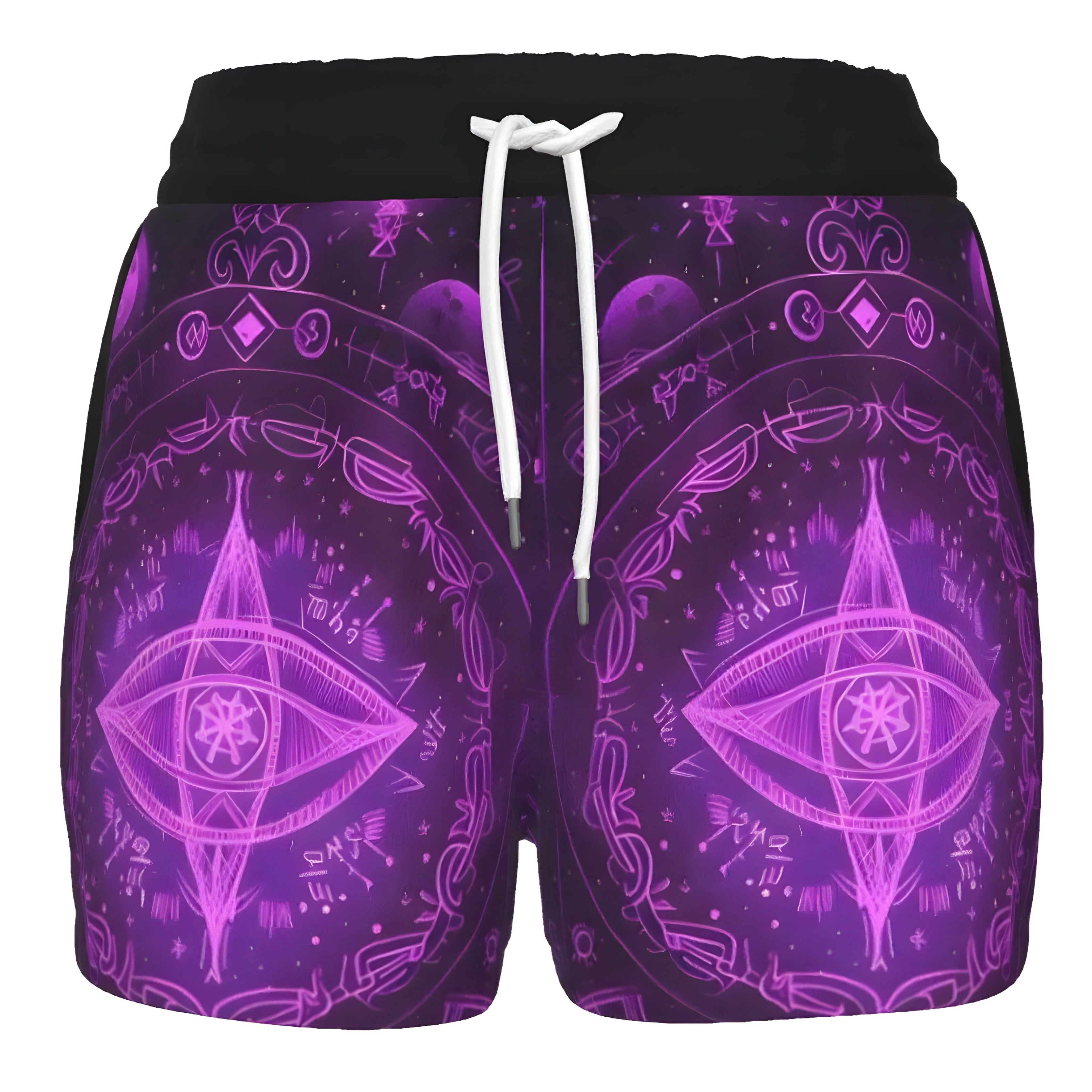 Women’s Mystical Fantasy Shorts, Purple Magic Eye Design with Celestial Symbols & Fantasy Energy for Yoga & Meditation Wear, Spiritual Festival Wear