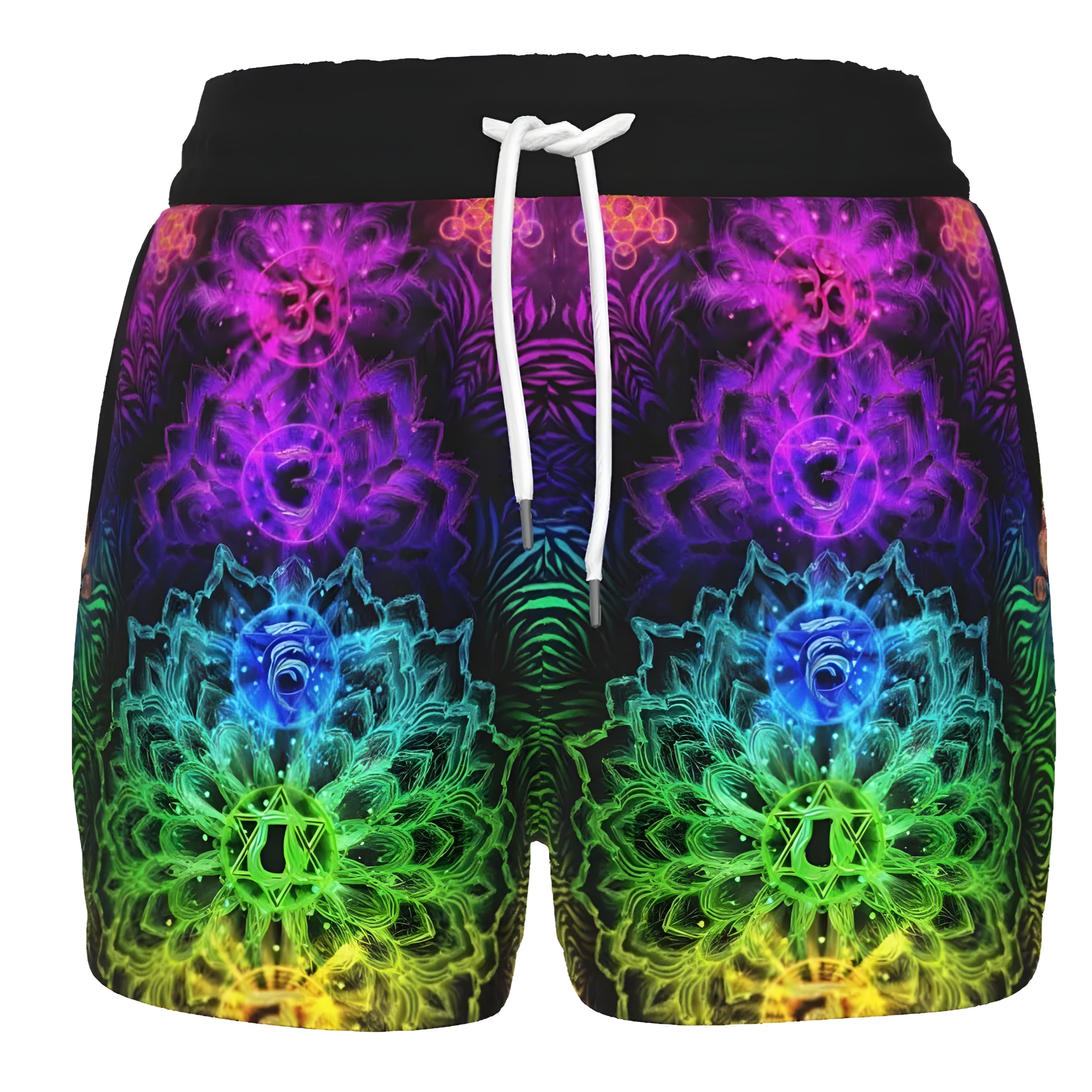 Women’s Sacred Chakras Shorts, Rainbow Mandala Energy Design with Spiritual Healing Symbols for Yoga & Meditation Wear, Spiritual Festival Wear