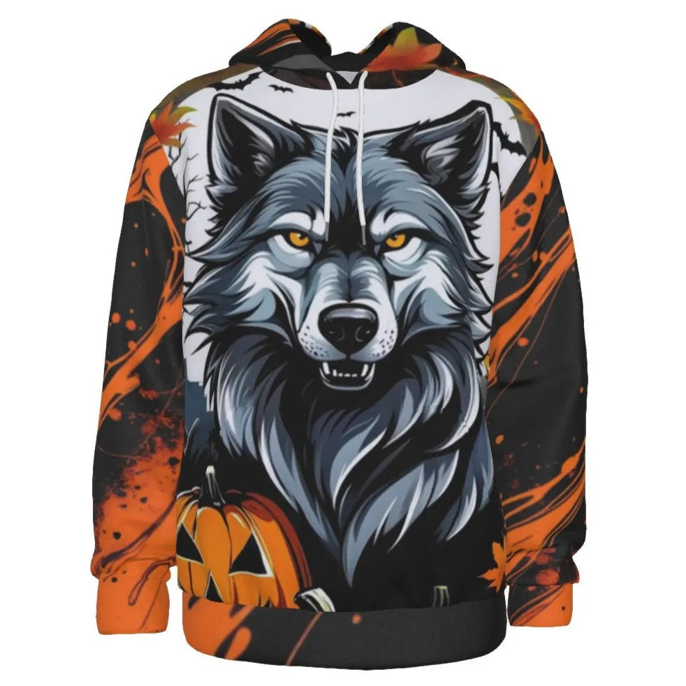 Howling Halloween Night Wolf Hoodie, Spooky Pumpkin Bat Halloween Costumes Sweatshirt, Gothic Halloween Hooded Top, Scary Autumn Wolf Apparel