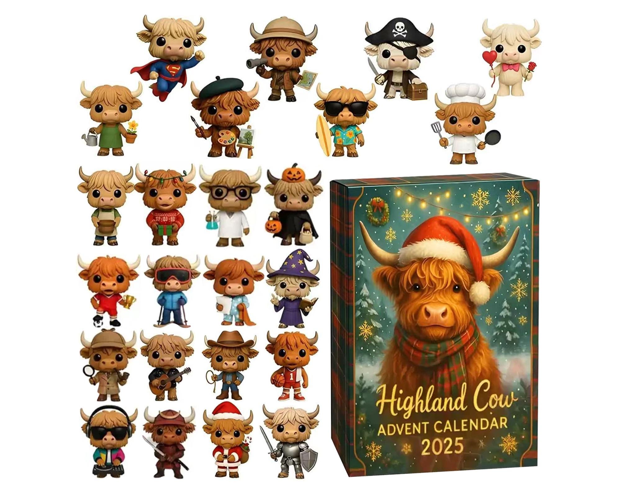 Highland Cow Advent Calendar 2025, 24 Day Highland Cow Figurines : Vintage Christmas Ornament Countdown
