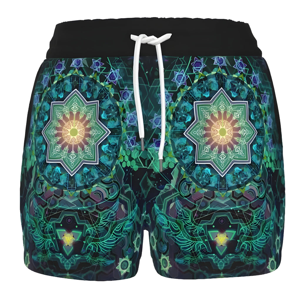 Women’s Yantric Geometry Shorts, Sacred Mandala Spiritual Energy Pattern with Vibrant Chakra Design for Yoga & Meditation, Spiritual Festival Wear