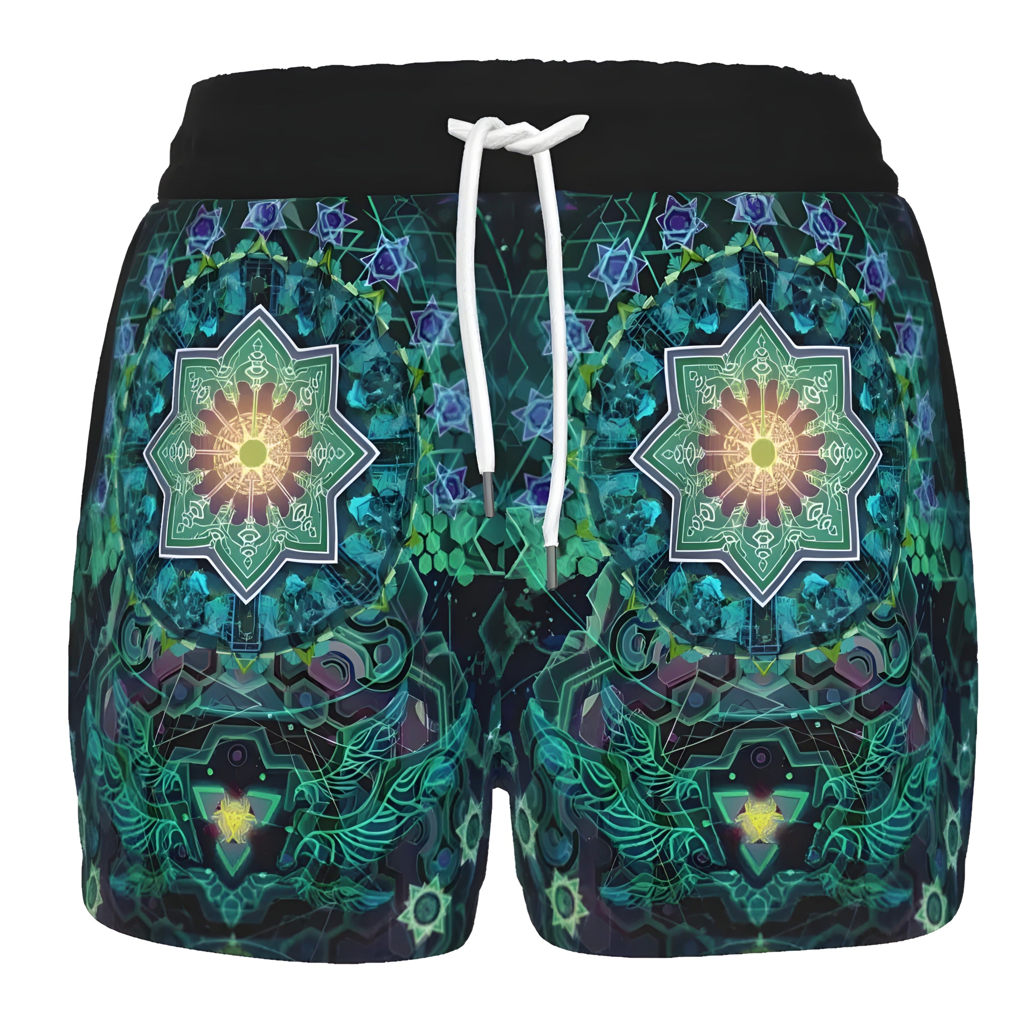 Women’s Yantric Geometry Shorts, Sacred Mandala Spiritual Energy Pattern with Vibrant Chakra Design for Yoga & Meditation, Spiritual Festival Wear