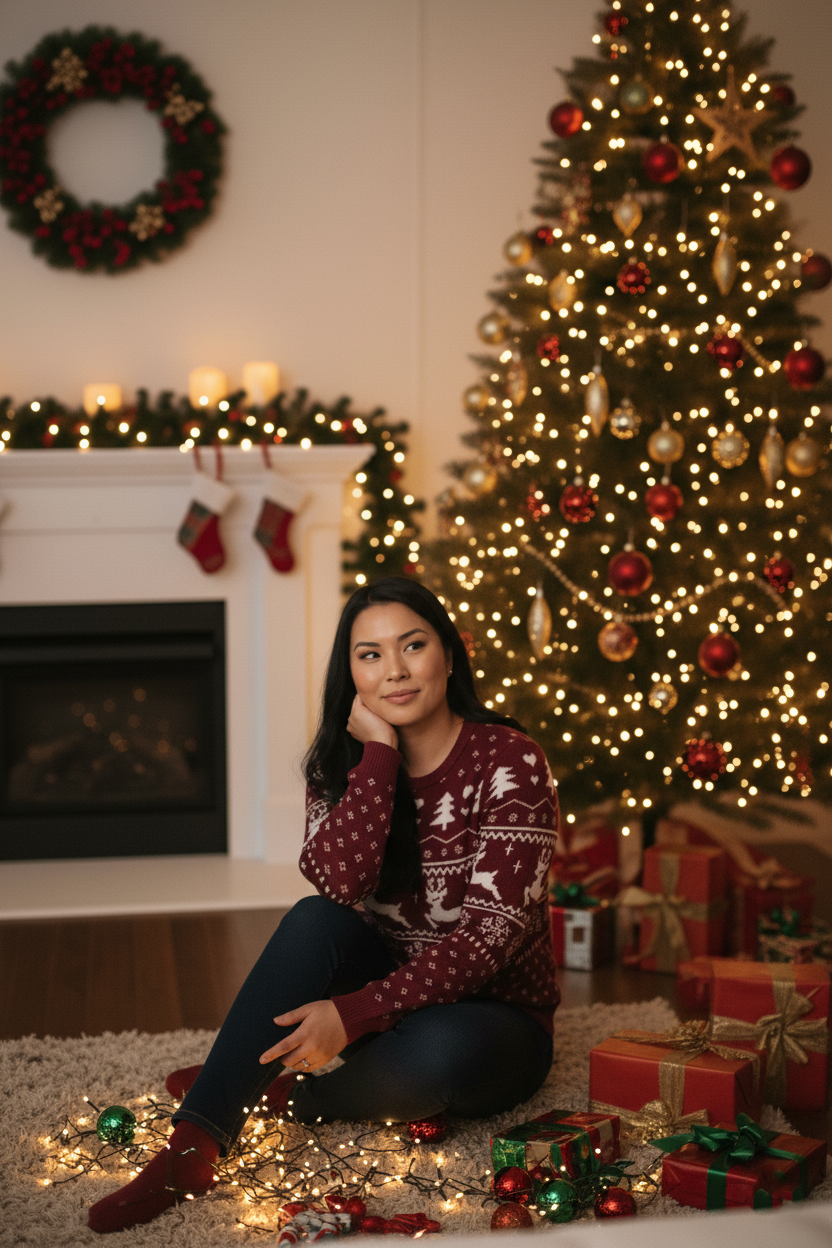 Ugly Christmas Sweater Women, Burgundy Reindeer Knit Pullover, Festive Holiday Jumper with Snowflake and Tree Pattern