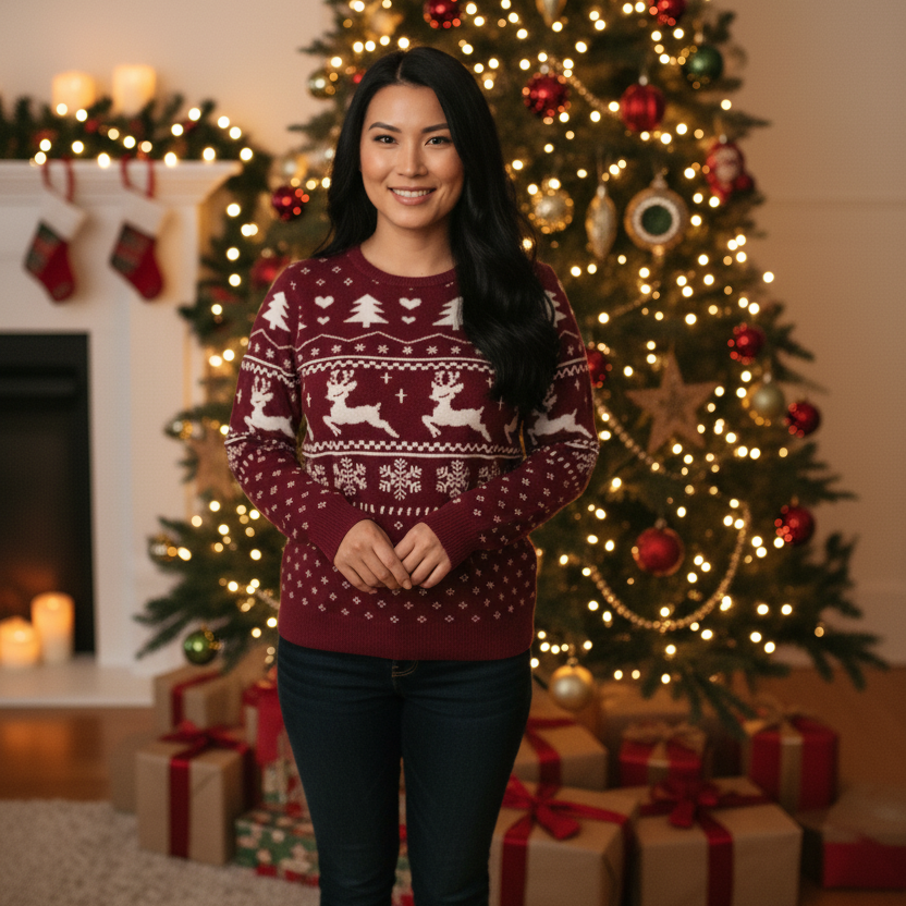 Ugly Christmas Sweater Women, Burgundy Reindeer Knit Pullover, Festive Holiday Jumper with Snowflake and Tree Pattern