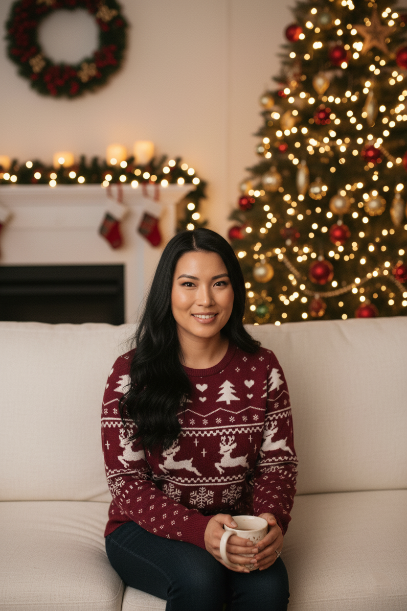 Ugly Christmas Sweater Women, Burgundy Reindeer Knit Pullover, Festive Holiday Jumper with Snowflake and Tree Pattern