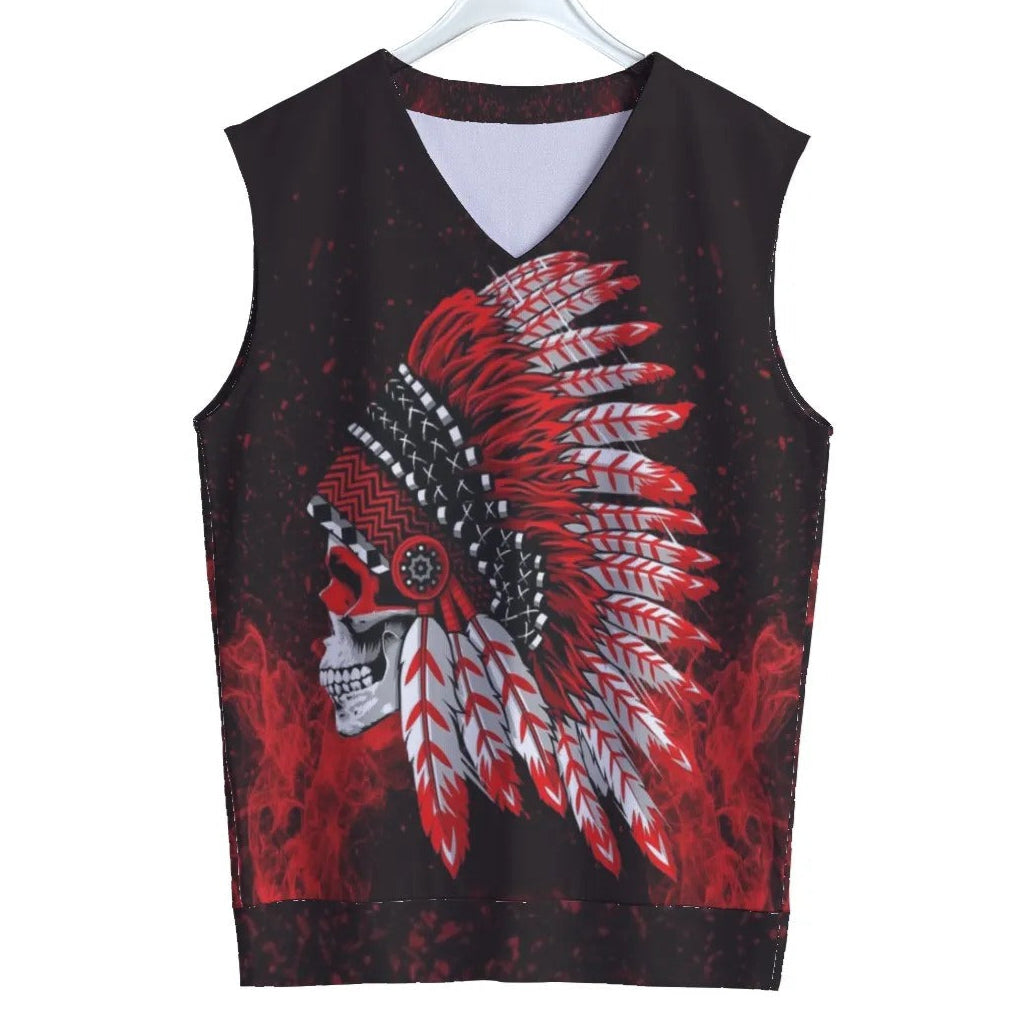 Native American Skull Tank Top, Red Feather Headdress Shirt, Tribal Gothic Sleeveless, Red Smoke Graphic Top, Warrior Biker Style