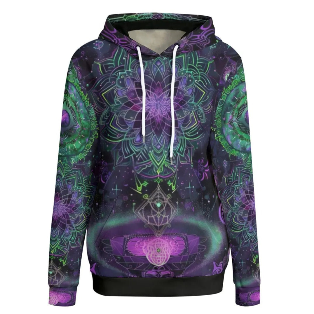 Mystic Aesthetic Women’s Hoodie, Psychedelic Spiritual Sweatshirt, Festival Boho Wear, Vibrant Healing Clothing, Cosmic Symbol Fashion