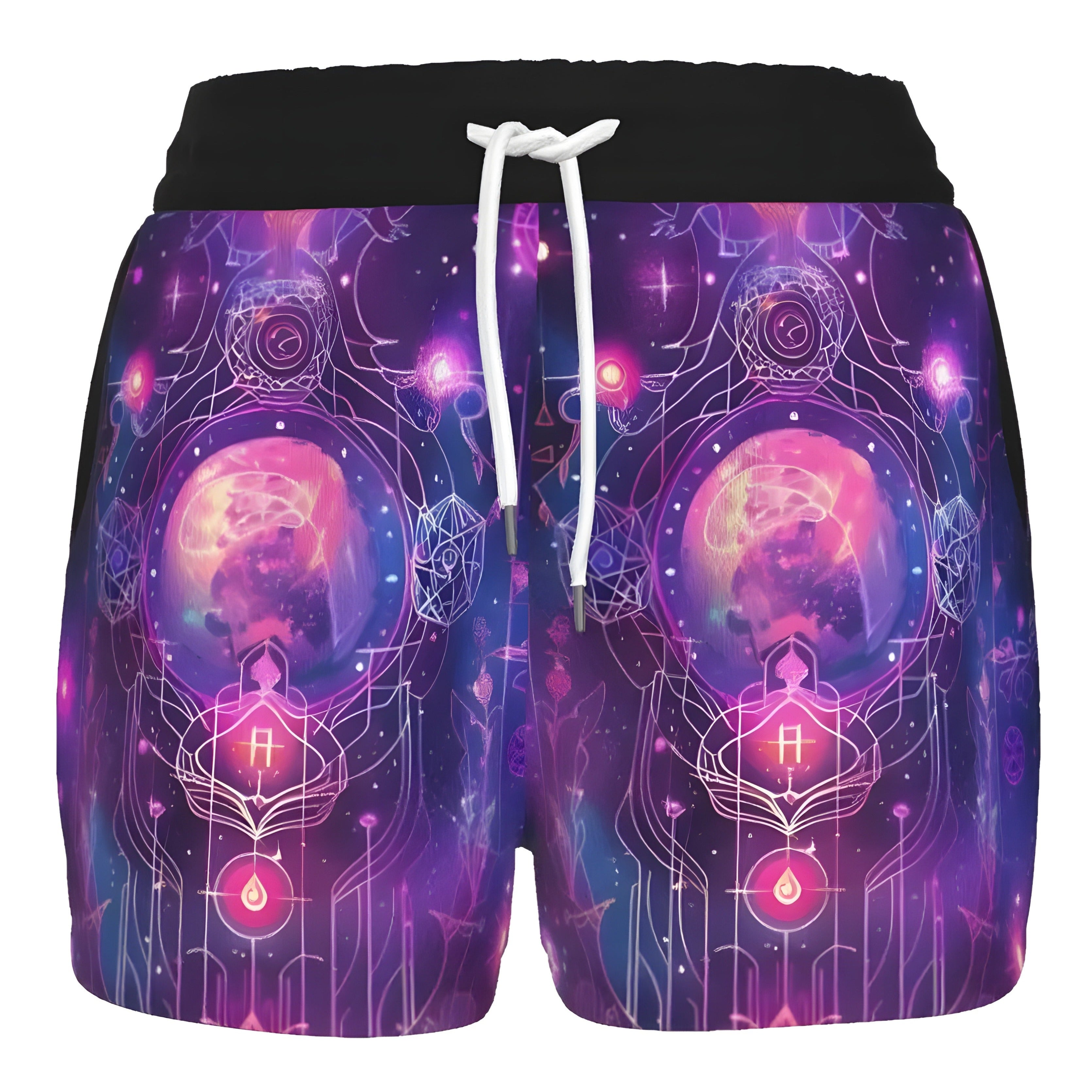 Women’s Cosmic Mysticism Shorts, Spiritual Mandala Design with Purple Galaxy, Sacred Symbols & Celestial Energy for Yoga & Meditation, Spiritual Festival Wear