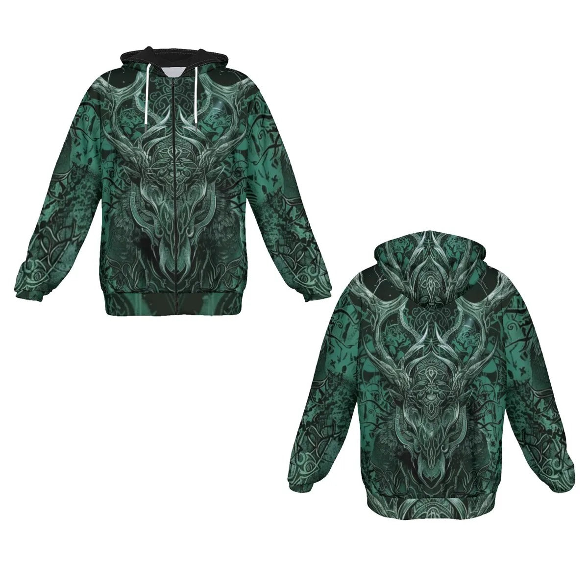 Viking Zip Hoodie with Antler Design, Norse Mythology Inspired Hooded Sweatshirt, Tribal Graphic Winter Wear, Medieval Fantasy Clothing