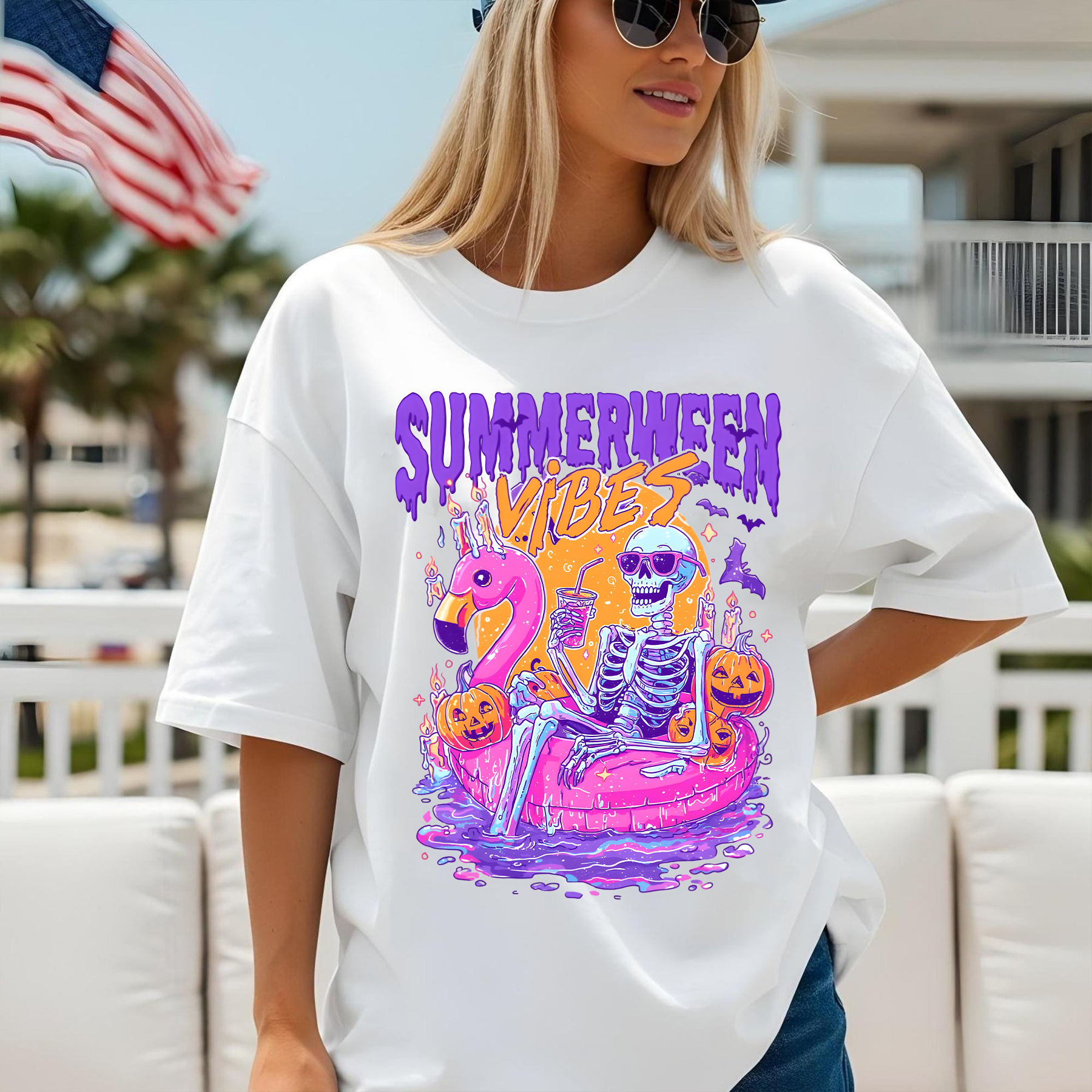 Summerween Vibes Shirt, Funny Skeleton Float Halloween in Summer shirt, Trendy Sublimation Spooky Flamingo Pool Ghost Pumpkins Creepy Shirt