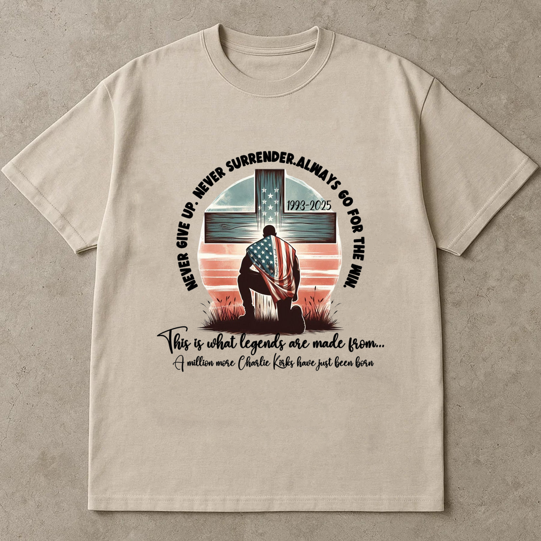 Never Give Up Charlie Kirk Shirt, Christian Patriot Cross Tee, Conservative America Freedom TShirt, Liberty Top