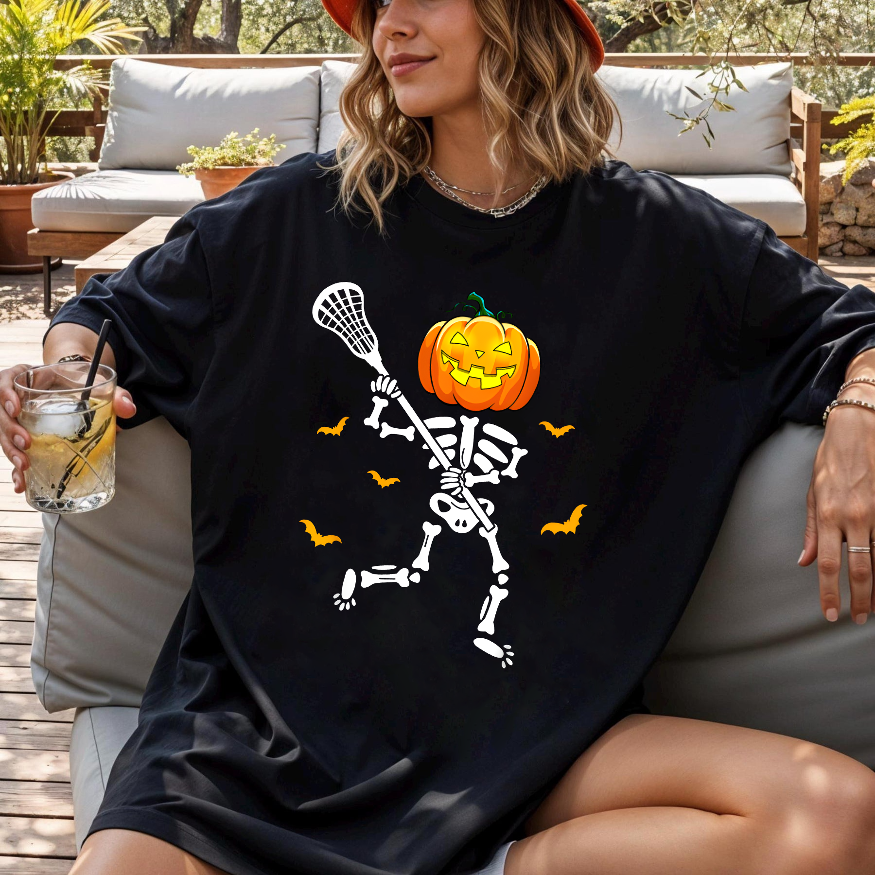Lacrosse Halloween Shirt, Pumpkin Head Skeleton Playing Lacrosse, Funny Spooky Sports Tee, Halloween Gift for Lacrosse Player