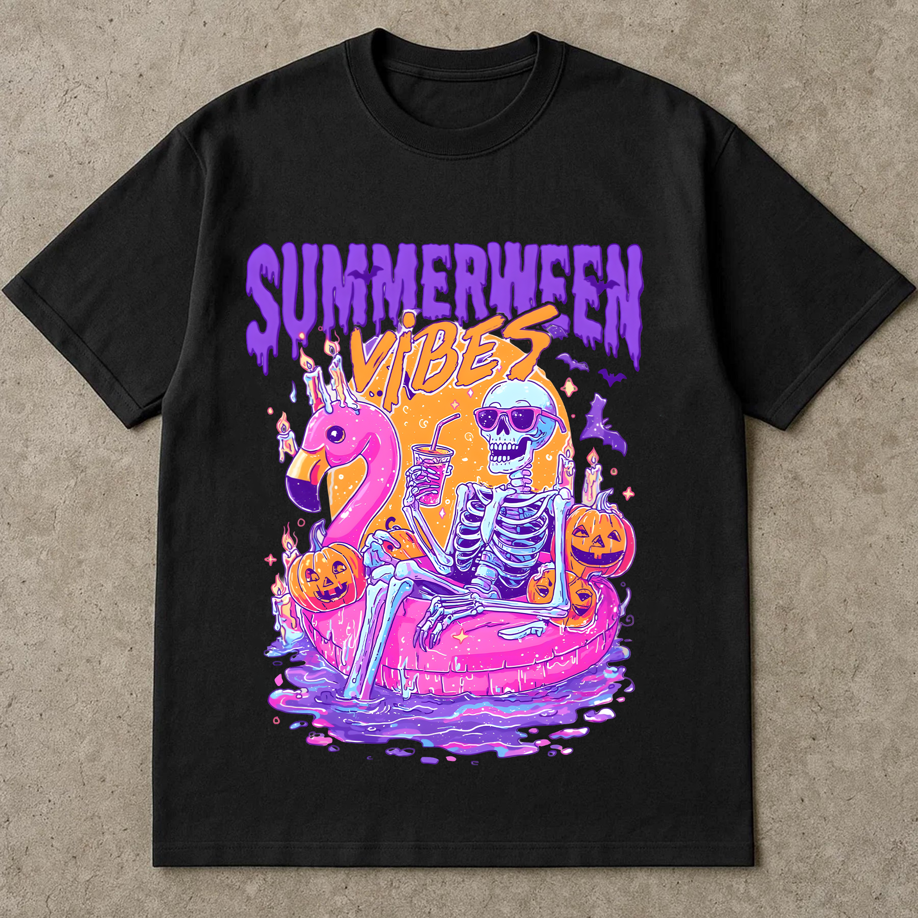 Summerween Vibes Shirt, Funny Skeleton Float Halloween in Summer shirt, Trendy Sublimation Spooky Flamingo Pool Ghost Pumpkins Creepy Shirt