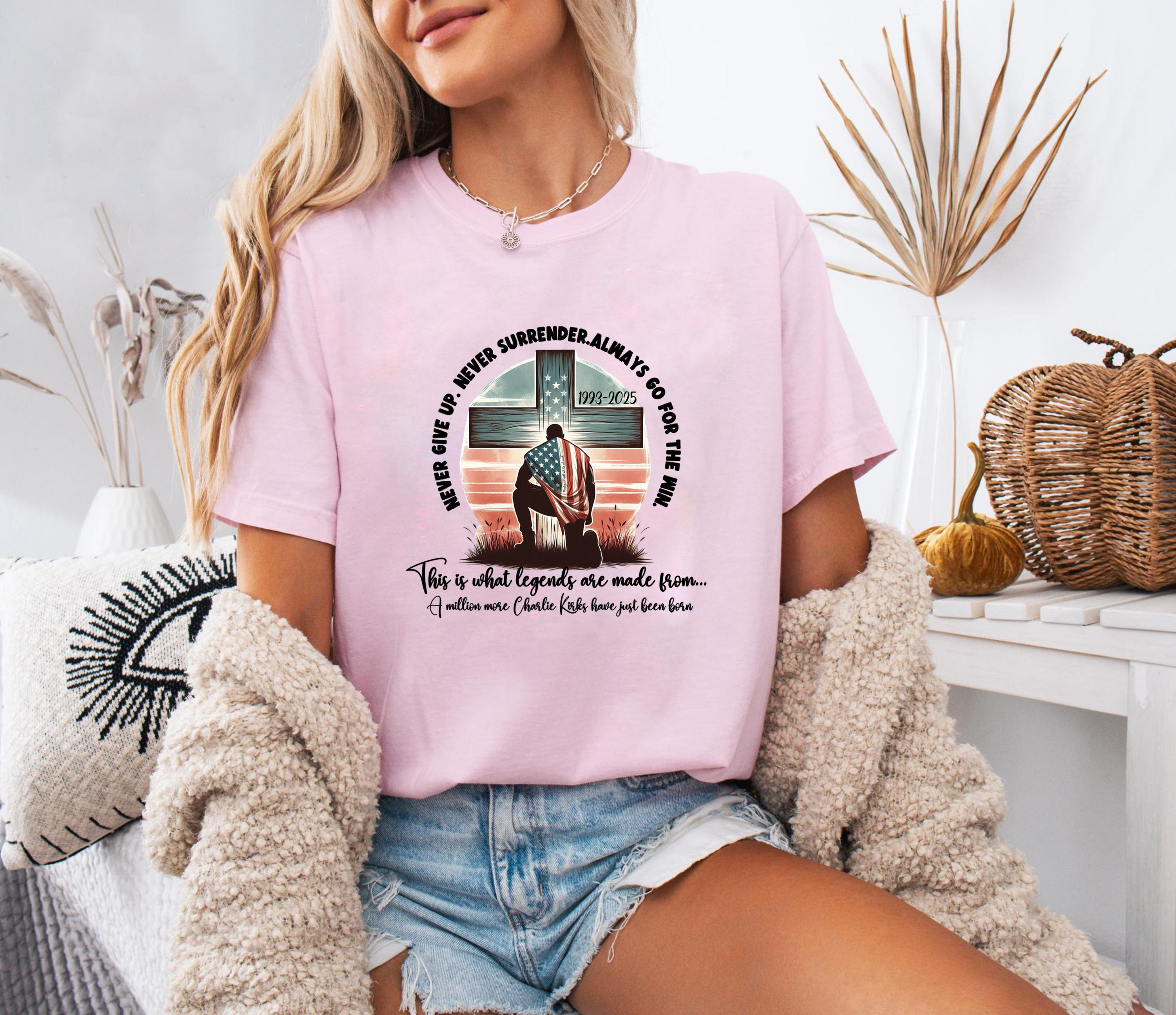 Never Give Up Charlie Kirk Shirt, Christian Patriot Cross Tee, Conservative America Freedom TShirt, Liberty Top