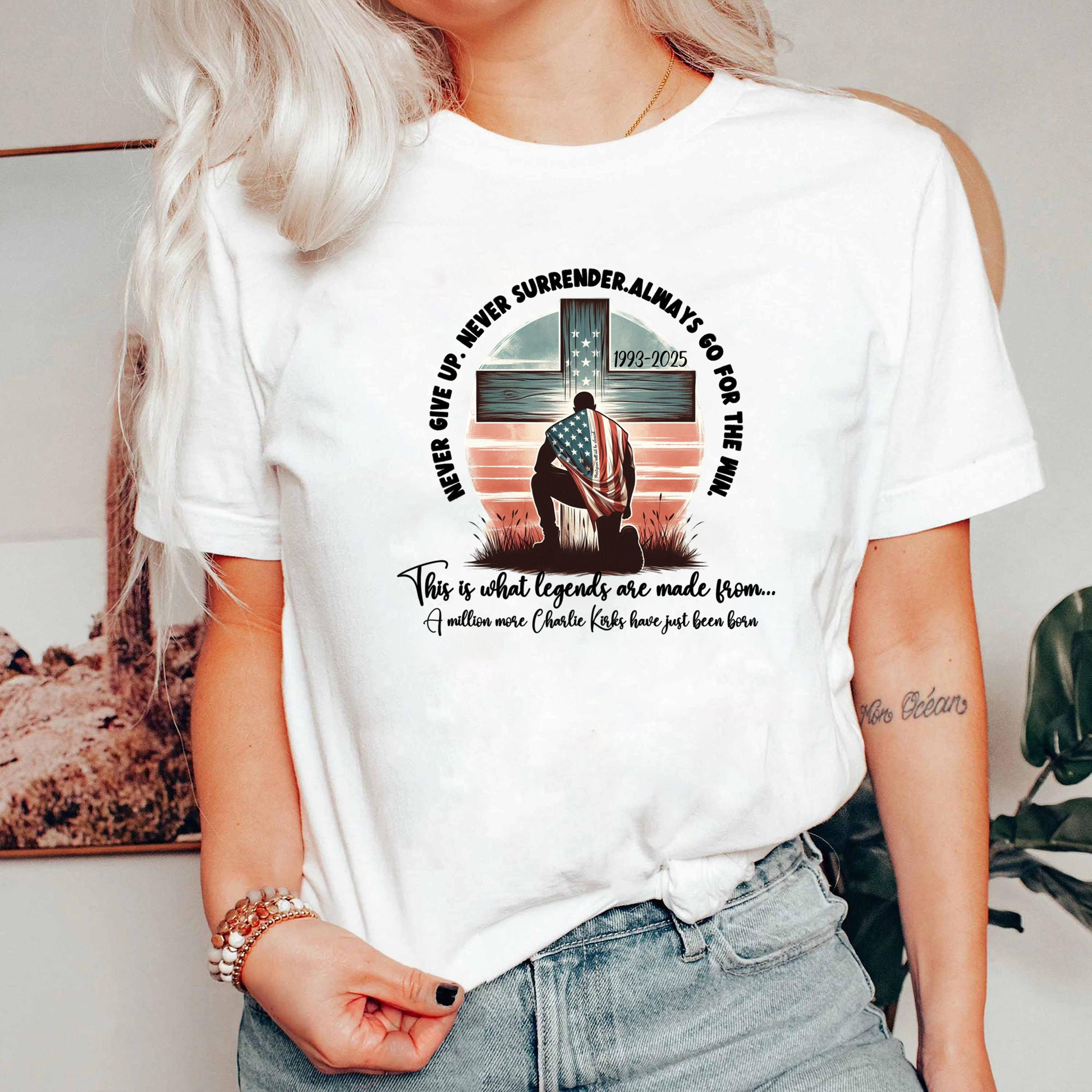 Never Give Up Charlie Kirk Shirt, Christian Patriot Cross Tee, Conservative America Freedom TShirt, Liberty Top