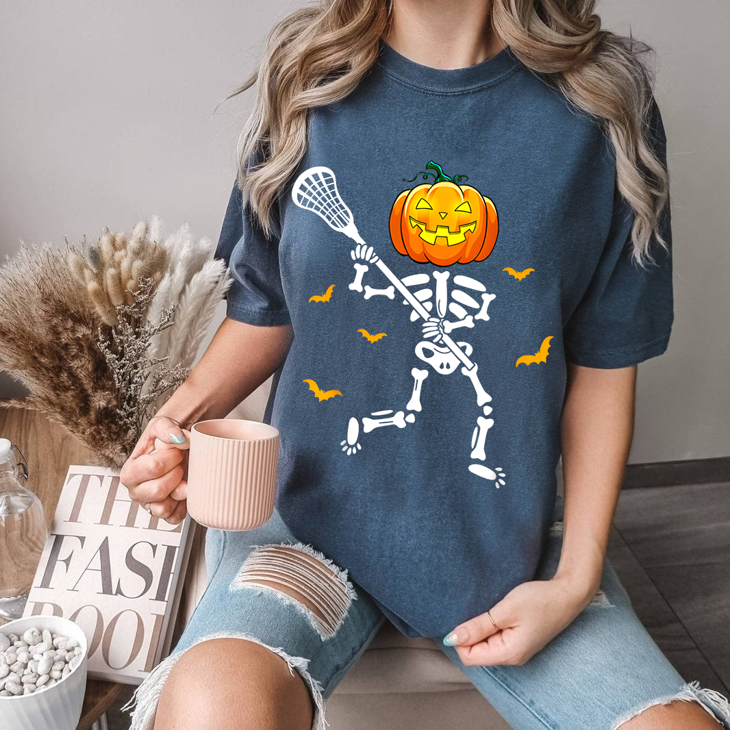 Lacrosse Halloween Shirt, Pumpkin Head Skeleton Playing Lacrosse, Funny Spooky Sports Tee, Halloween Gift for Lacrosse Player
