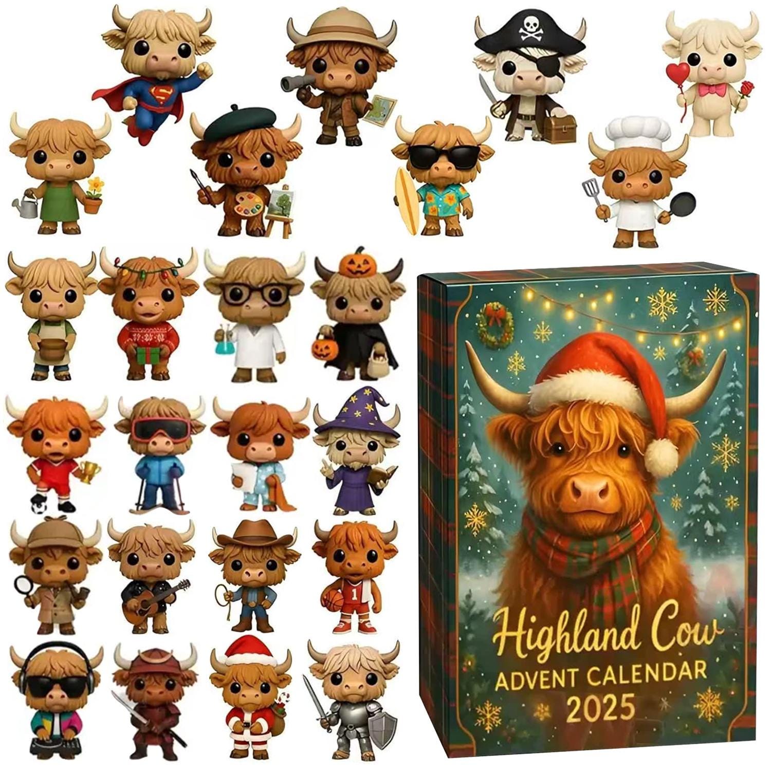 Highland Cow Advent Calendar 2025, 24 Day Highland Cow Figurines : Vintage Christmas Ornament Countdown