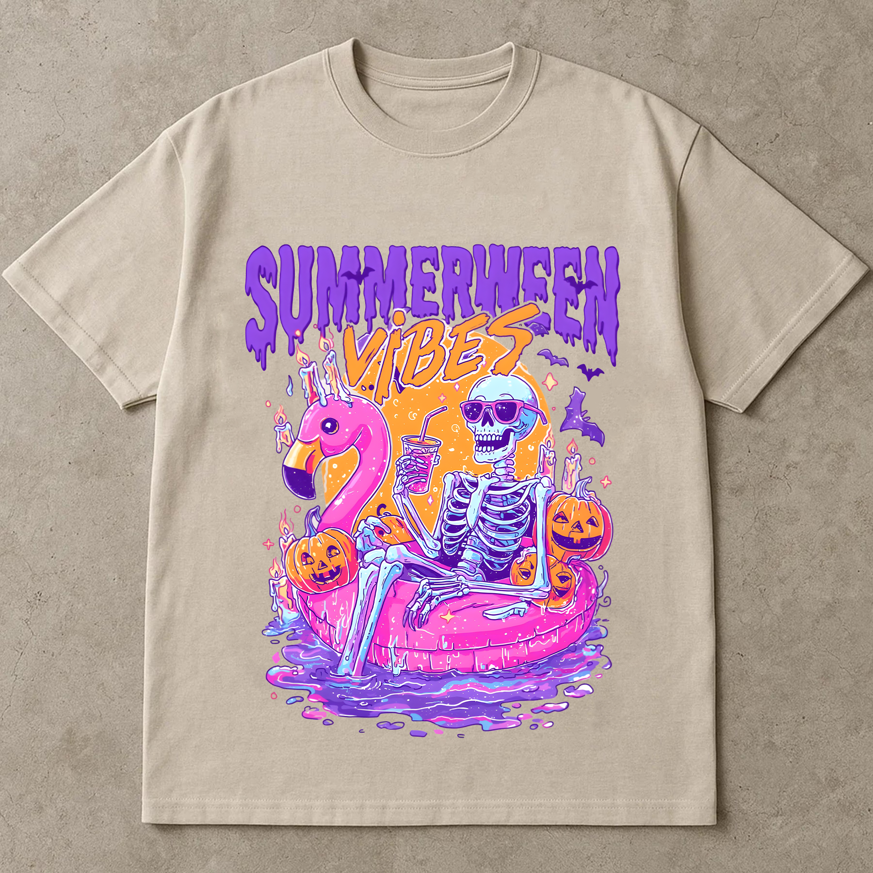 Summerween Vibes Shirt, Funny Skeleton Float Halloween in Summer shirt, Trendy Sublimation Spooky Flamingo Pool Ghost Pumpkins Creepy Shirt