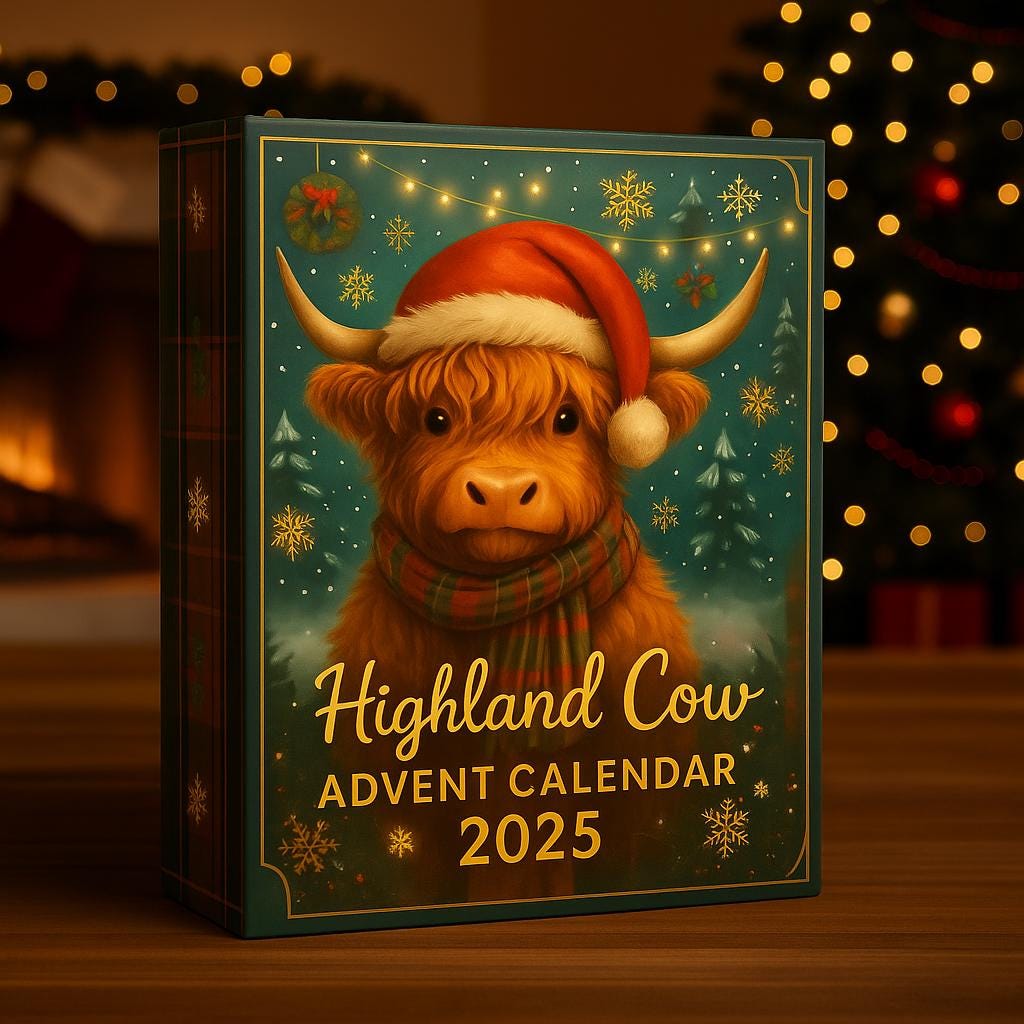 Highland Cow Advent Calendar 2025, 24 Day Highland Cow Figurines : Vintage Christmas Ornament Countdown