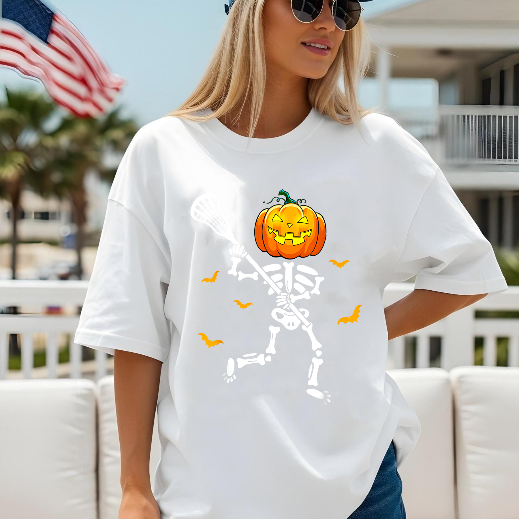Lacrosse Halloween Shirt, Pumpkin Head Skeleton Playing Lacrosse, Funny Spooky Sports Tee, Halloween Gift for Lacrosse Player