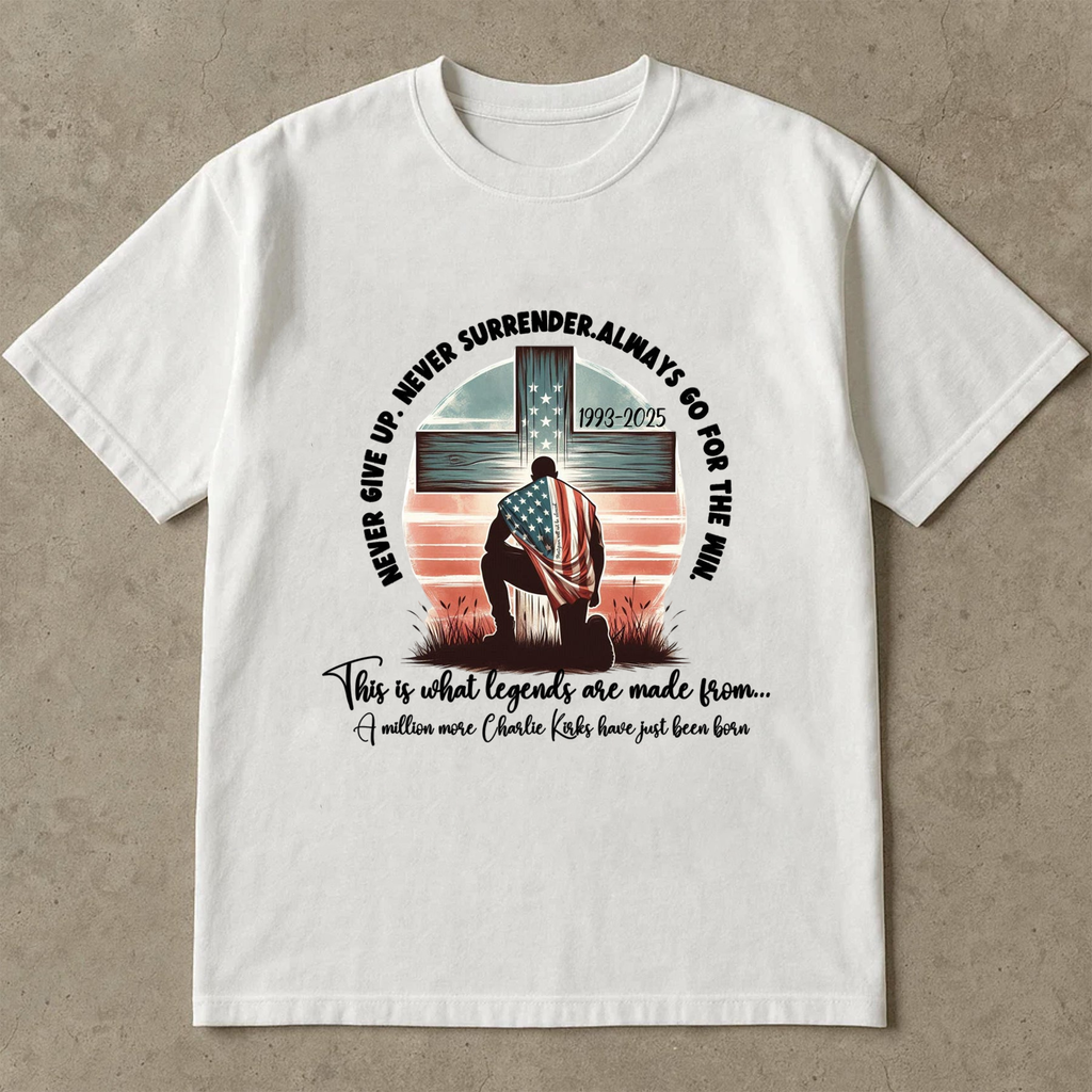 Never Give Up Charlie Kirk Shirt, Christian Patriot Cross Tee, Conservative America Freedom TShirt, Liberty Top