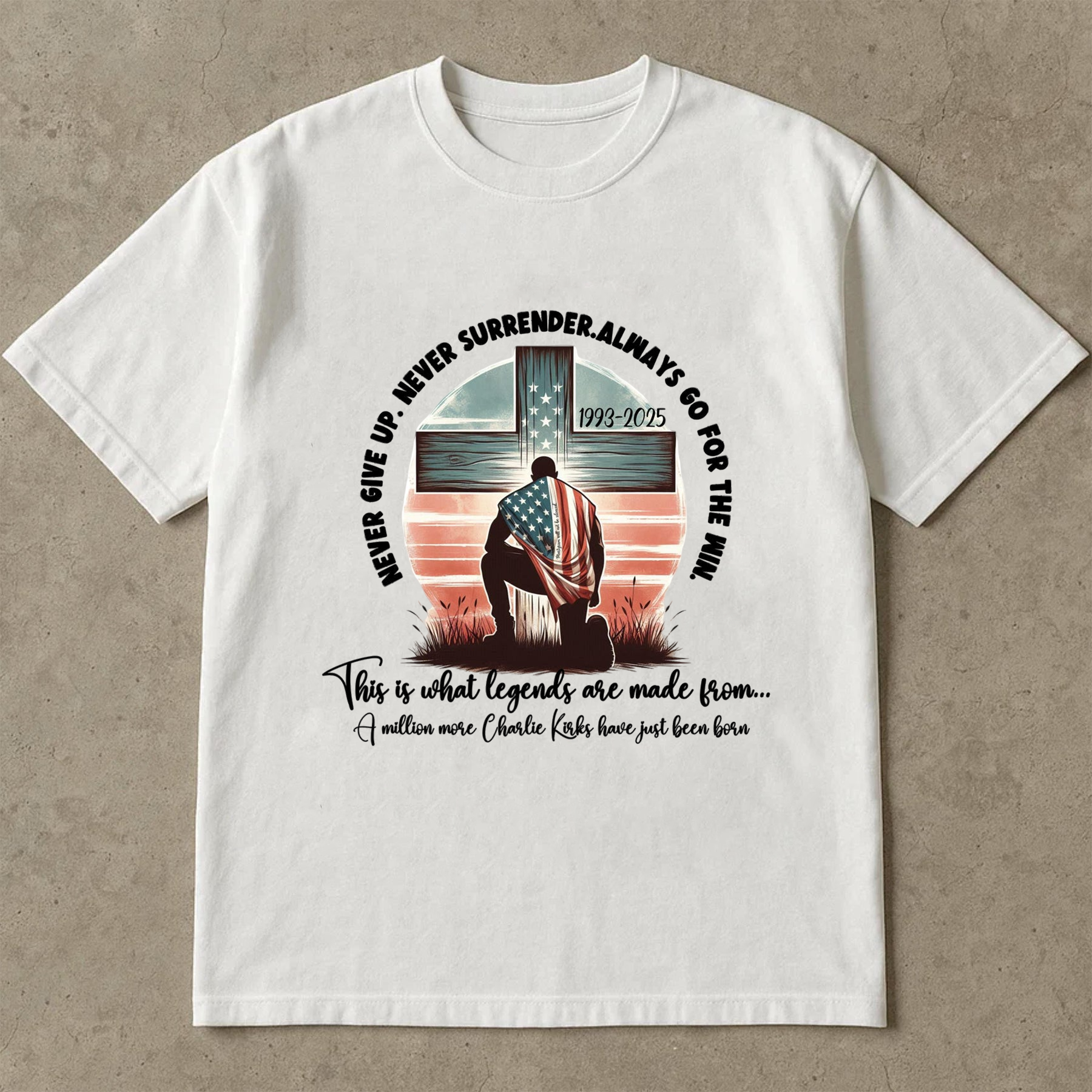 Never Give Up Charlie Kirk Shirt, Christian Patriot Cross Tee, Conservative America Freedom TShirt, Liberty Top