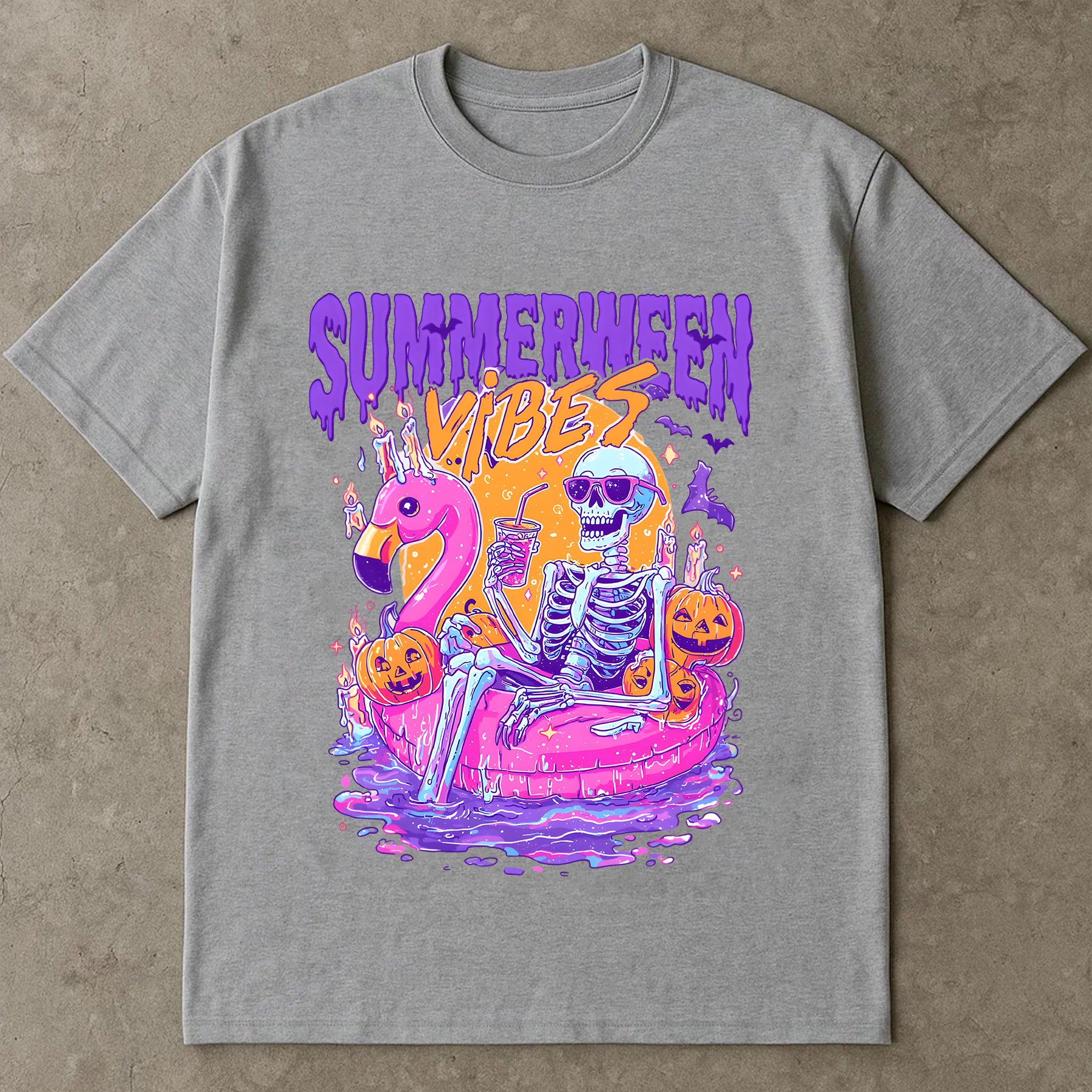 Summerween Vibes Shirt, Funny Skeleton Float Halloween in Summer shirt, Trendy Sublimation Spooky Flamingo Pool Ghost Pumpkins Creepy Shirt