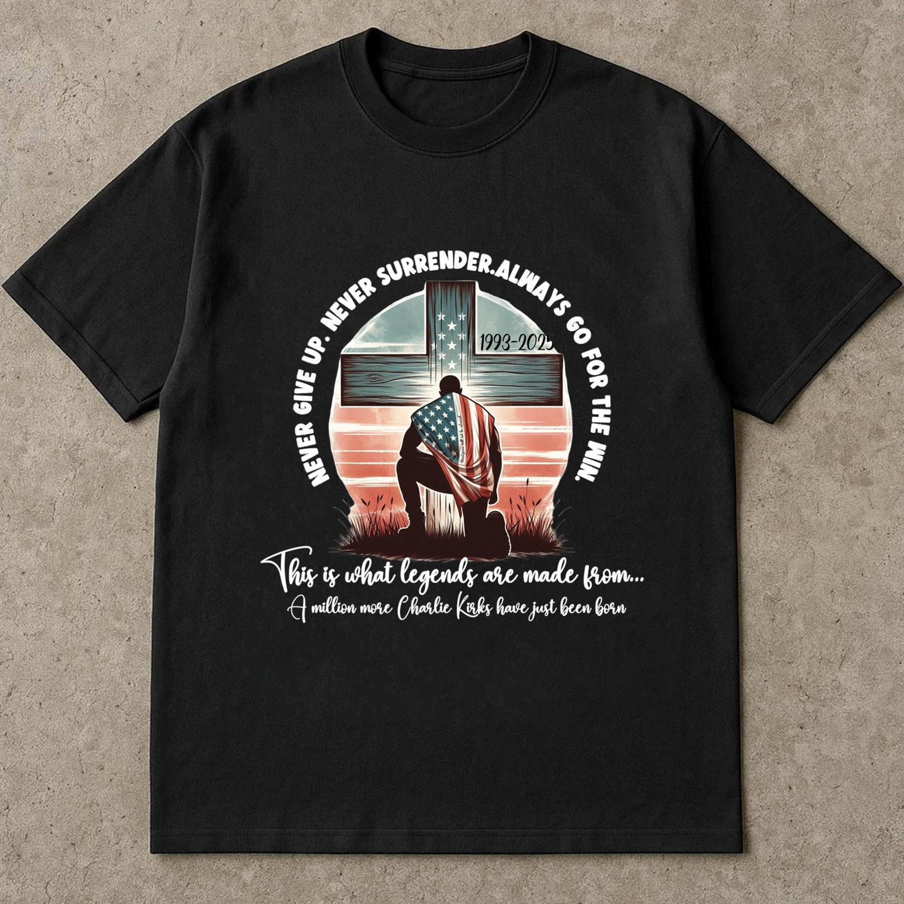 Never Give Up Charlie Kirk Shirt, Christian Patriot Cross Tee, Conservative America Freedom TShirt, Liberty Top