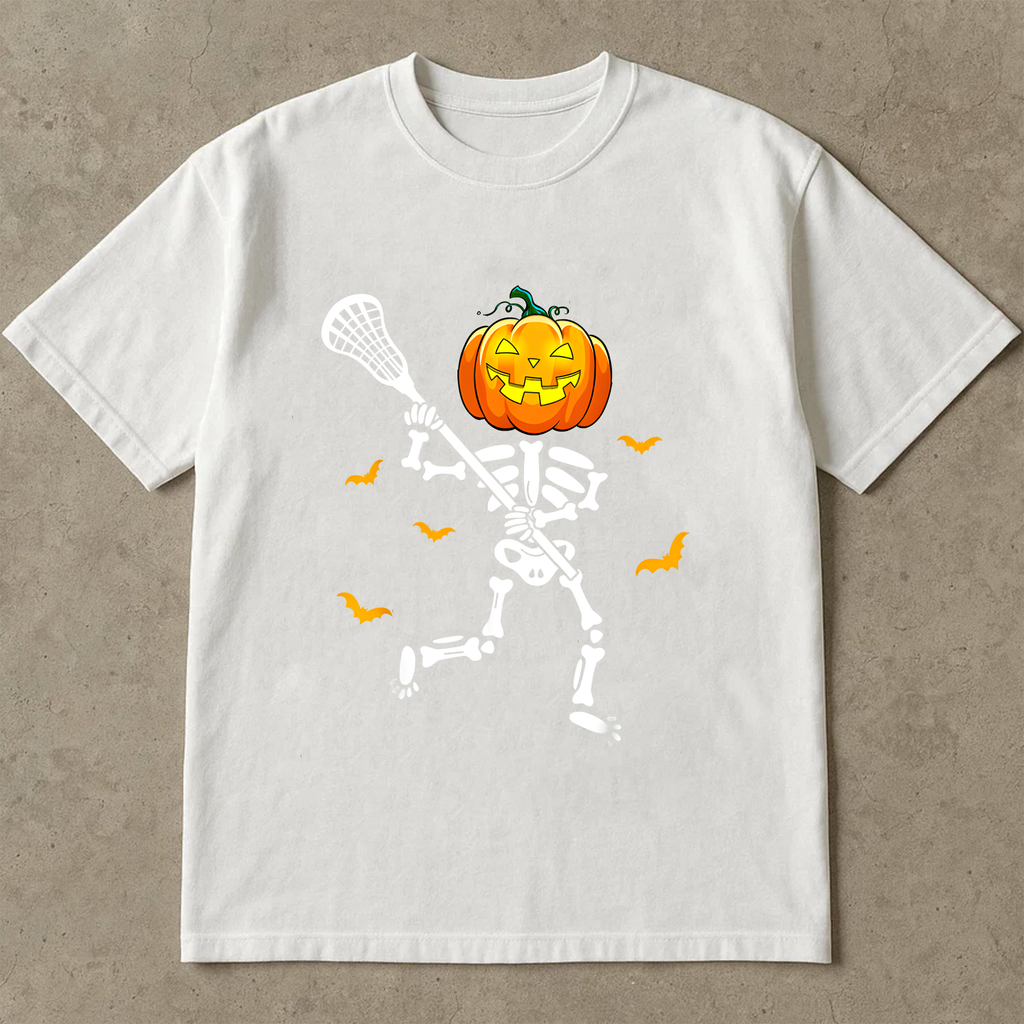 Lacrosse Halloween Shirt, Pumpkin Head Skeleton Playing Lacrosse, Funny Spooky Sports Tee, Halloween Gift for Lacrosse Player