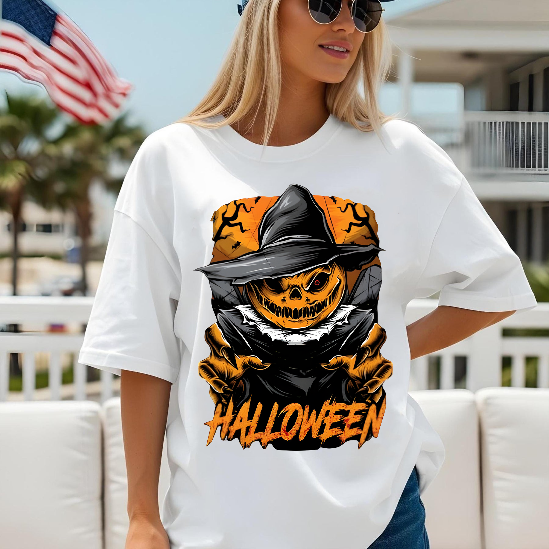 Scary Pumpkin Halloween Shirt, Spooky Witch Hat Graphic Tee, Fall T-Shirt for Women & Men, Creepy October Outfit