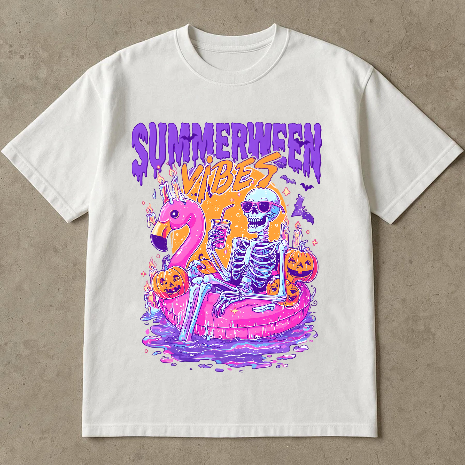 Summerween Vibes Shirt, Funny Skeleton Float Halloween in Summer shirt, Trendy Sublimation Spooky Flamingo Pool Ghost Pumpkins Creepy Shirt