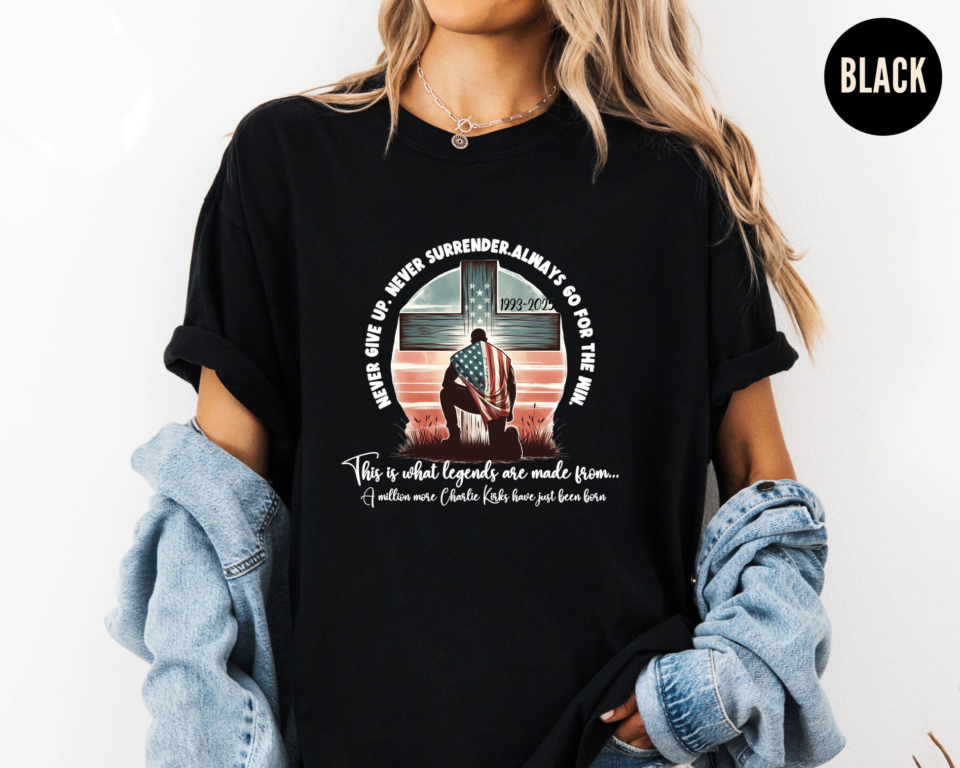 Never Give Up Charlie Kirk Shirt, Christian Patriot Cross Tee, Conservative America Freedom TShirt, Liberty Top