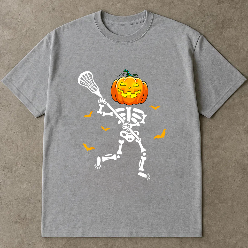 Lacrosse Halloween Shirt, Pumpkin Head Skeleton Playing Lacrosse, Funny Spooky Sports Tee, Halloween Gift for Lacrosse Player