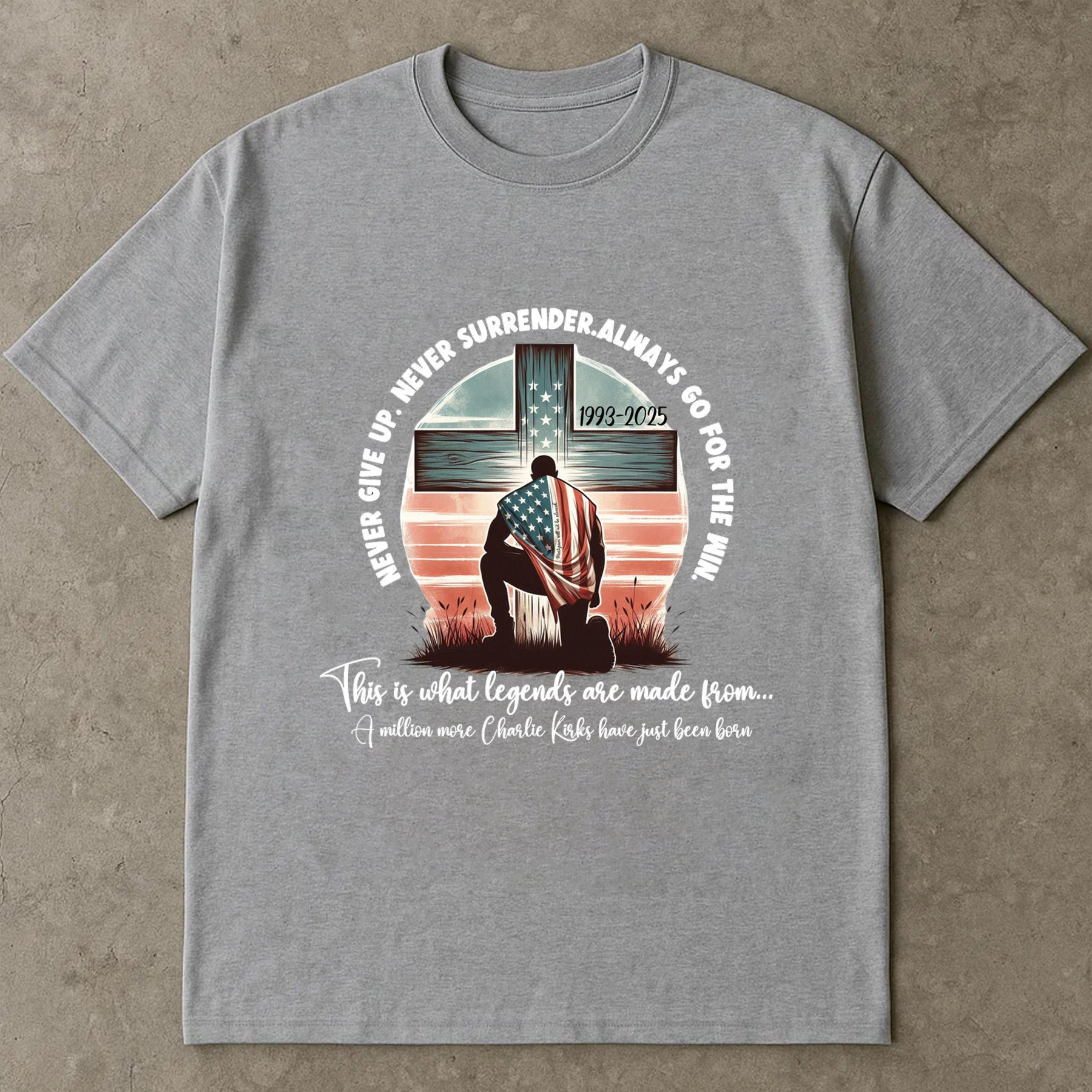 Never Give Up Charlie Kirk Shirt, Christian Patriot Cross Tee, Conservative America Freedom TShirt, Liberty Top