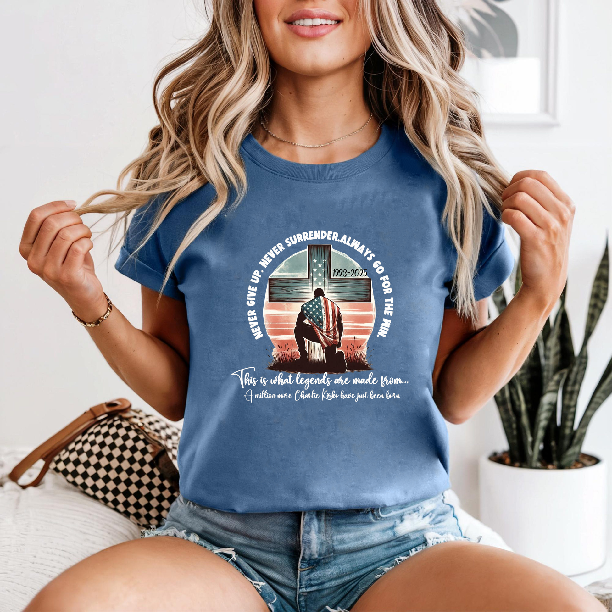 Never Give Up Charlie Kirk Shirt, Christian Patriot Cross Tee, Conservative America Freedom TShirt, Liberty Top