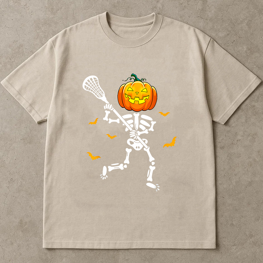 Lacrosse Halloween Shirt, Pumpkin Head Skeleton Playing Lacrosse, Funny Spooky Sports Tee, Halloween Gift for Lacrosse Player
