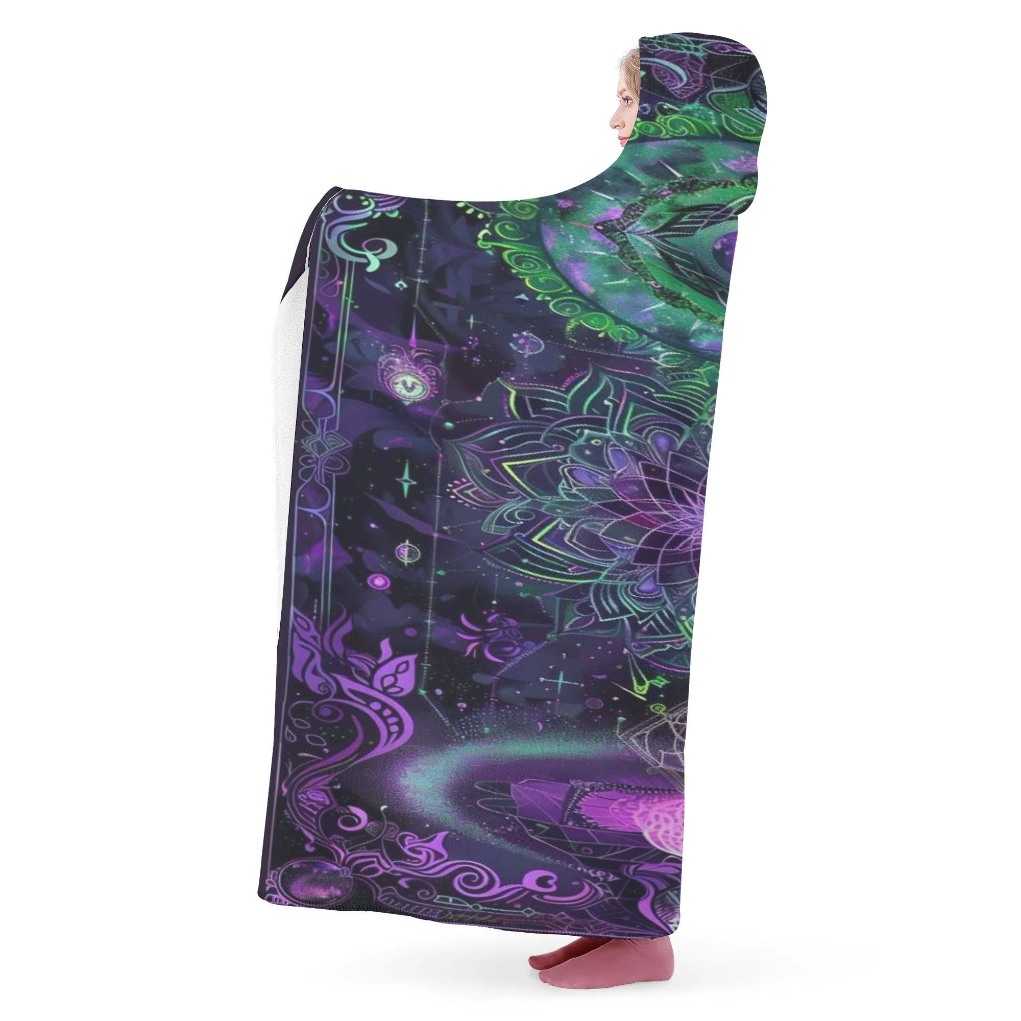 Mystic Aesthetic Hooded Blanket, Mystic Mandala Hooded Blanket, Cosmic Tarot Hooded Blanket, Sacred Geometry Hooded Blanket, Trippy Psychedelic Hooded Blanket, Spiritual Festival Wear