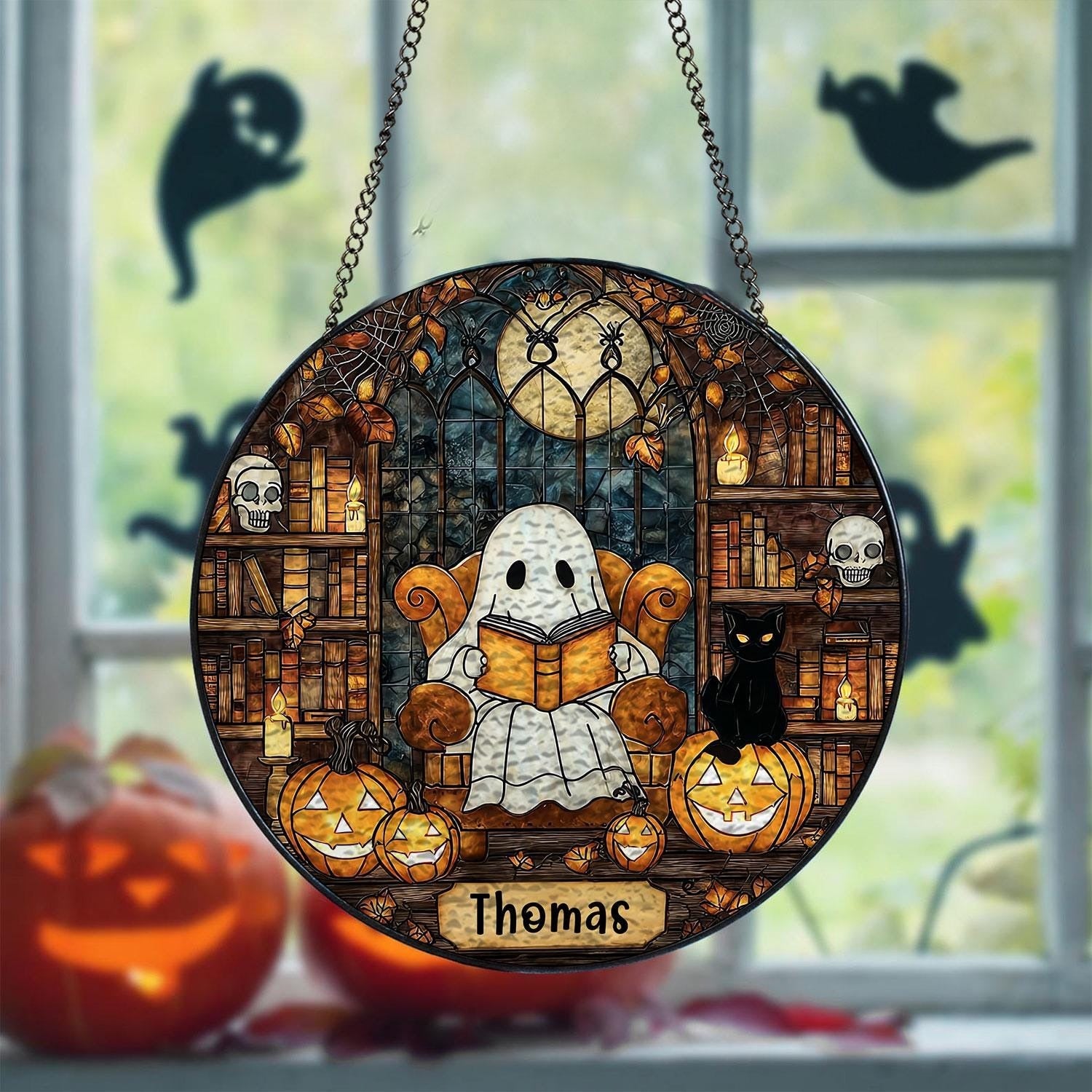 Personalized Ghost Reading Book Stained Glass Suncatcher, Custom Ghost Gothic Halloween Decor, Halloween Window Decor, Book Lover Gift