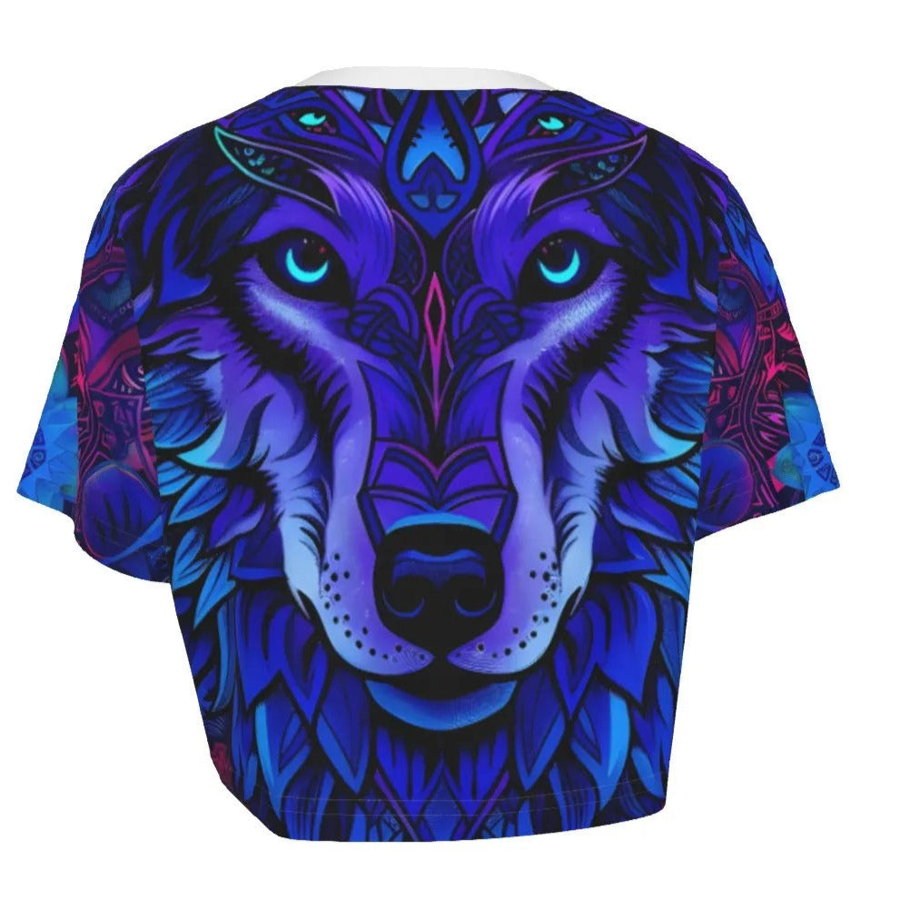 Women’s Wolf Mandala Crop Top, Tribal Spirit Animal Design with Geometric Wolf Art & Vibrant Purple Energy for Mystical Fashion