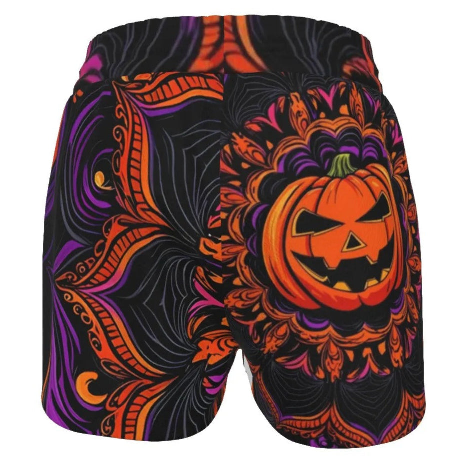 Pumpkin Mandala Magic Women’s Shorts, Halloween Jack-o’-Lantern Activewear, Spooky Mandala Art Bottoms, Gothic Fall Fashion