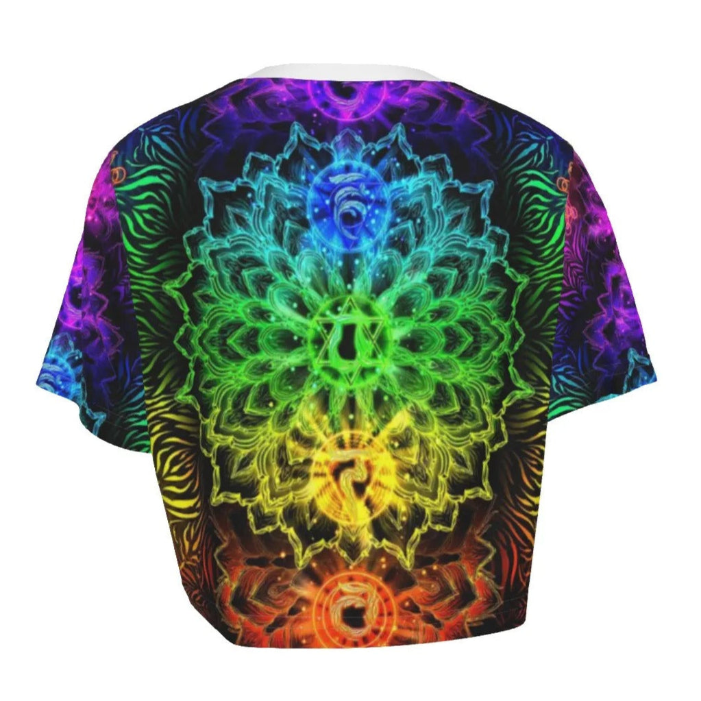 Women’s Sacred Chakras Crop Top, Rainbow Mandala Energy Design with Spiritual Symbols & Chakra Healing for Yoga & Meditation Wear