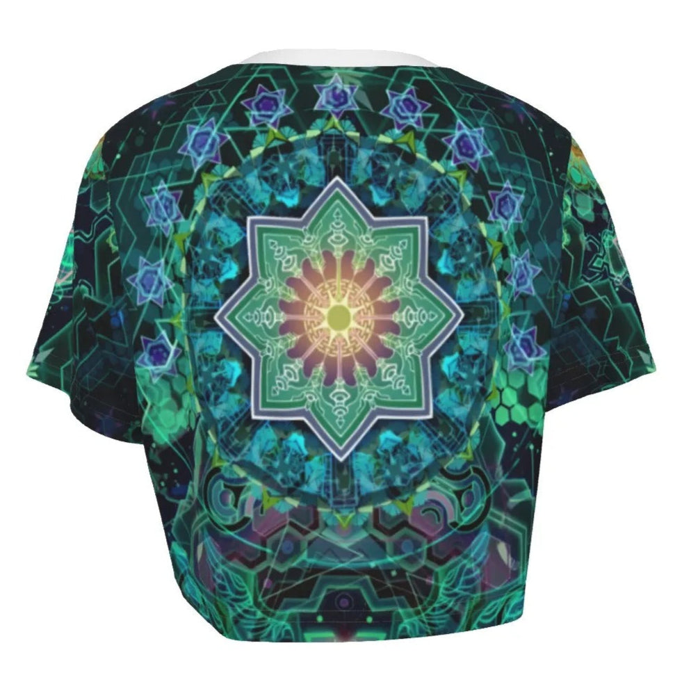Women’s Yantric Geometry Crop Top, Sacred Mandala Energy Design with Spiritual Symbols & Chakra Pattern for Yoga & Meditation Wear