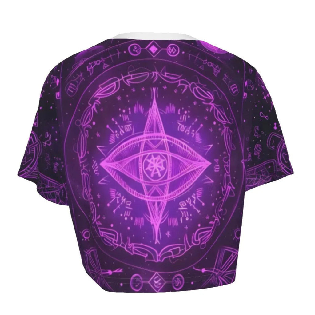 Women’s Mystical Fantasy Crop Top, Purple Magic Eye Design with Celestial Symbols & Enchanted Energy for Fantasy Fashion